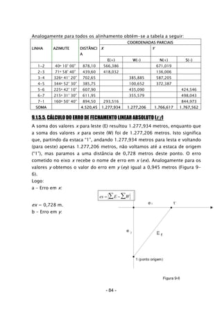 Analogamente para todos os alinhamento obtém-se a tabela a seguir:
COORDENADAS PARCIAIS
LINHA AZIMUTE DISTÂNCI
A
X Y
E(+) W(-) N(+) S(-)
1-2 40o 10’ 00” 878,10 566,386 671,019
2-3 71o 58’ 40” 439,60 418,032 136,006
3-4 326o 41’ 20” 702,65 385,885 587,205
4-5 344o 52’ 30” 385,75 100,652 372,387
5-6 225o 42’ 10” 607,90 435,090 424,546
6-7 215o 31’ 30” 611,95 355,579 498,043
7-1 160o 50’ 40” 894,50 293,516 844,973
SOMA 4.520,45 1.277,934 1.277,206 1.766,617 1.767,562
9.1.5.5. CÁLCULO DO ERRO DE FECHAMENTO LINEAR ABSOLUTO (Ef)
A soma dos valores x para leste (E) resultou 1.277,934 metros, enquanto que
a soma dos valores x para oeste (W) foi de 1.277,206 metros. Isto significa
que, partindo da estaca “1”, andando 1.277,934 metros para lesta e voltando
(para oeste) apenas 1.277,206 metros, não voltamos até a estaca de origem
(“1”), mas paramos a uma distância de 0,728 metros deste ponto. O erro
cometido no eixo x recebe o nome de erro em x (ex). Analogamente para os
valores y obtemos o valor do erro em y (ey) igual a 0,945 metros (Figura 9-
6).
Logo:
a - Erro em x:
ex E W= −∑∑
ex = 0,728 m.
b - Erro em y:
- 84 -
 