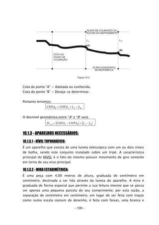 Cota da ponto “A” = Adotada ou conhecida.
Cota do ponto “B” = Deseja-se determinar.
Portanto teríamos:
COTA COTA L LB A A= B+ −
O desnível geométrico entre “A” e “B” será:
D COTA COTA L LA B A B A B− = − = −
10.1.3 - APARELHOS NECESSÁRIOS:
10.1.3.1 - NÍVEL TOPOGRÁFICO:
É um aparelho que consta de uma luneta telescópica com um ou dois níveis
de bolha, sendo este conjunto instalado sobre um tripé. A característica
principal do NÍVEL é o fato do mesmo possuir movimento de giro somente
em torno de seu eixo principal.
10.1.3.2 - MIRA ESTADIMÉTRICA:
É uma peça com 4,00 metros de altura, graduada de centímetro em
centímetro, destinada a ser lida através da luneta do aparelho. A mira é
graduada de forma especial que permite a sua leitura mesmo que se possa
ver apenas uma pequena parcela do seu comprimento; por esta razão, a
separação de centímetro em centímetro, em lugar de ser feita com traços
como numa escala comum de desenho, é feita com faixas, uma branca e
- 100 -
 