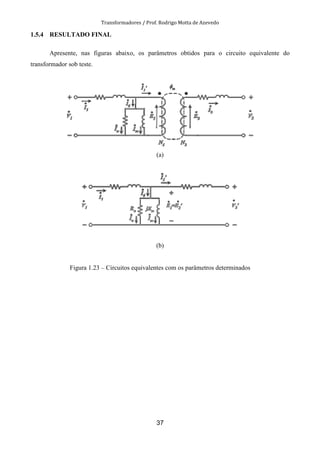 Transformadores / Prof. Rodrigo Motta de Azevedo
37
1.5.4 RESULTADO FINAL
Apresente, nas figuras abaixo, os parâmetros obtidos para o circuito equivalente do
transformador sob teste.
(a)
(b)
Figura 1.23 – Circuitos equivalentes com os parâmetros determinados
 