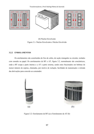 Transformadores / Prof. Rodrigo Motta de Azevedo
57
(b) Núcleo Envolvente
Figura 3.1- Núcleo Envolvente e Núcleo Envolvido
3.2.2 ENROLAMENTOS
Os enrolamentos são constituídos de fios de cobre, de seção retangular ou circular, isolados
com esmalte ou papel. Os enrolamentos de BT e AT, figura 3.2, normalmente são concêntricos,
onde a BT ocupa a parte interna e a AT a parte externa, sendo estes fracionados em bobinas de
menor número de espiras, chamadas, por motivo de isolação, facilidade de manutenção e retirada
das derivações para conexão ao comutador.
Figura 3.2- Enrolamento de BT (a) e Enrolamento de AT (b)
 