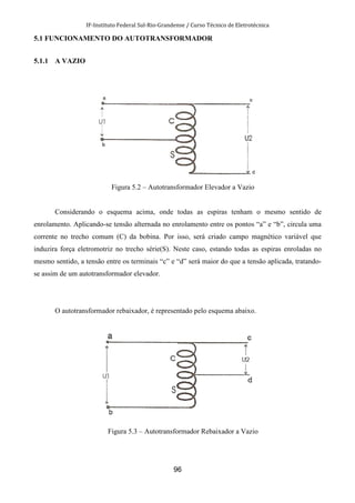 IF-Instituto Federal Sul-Rio-Grandense / Curso Técnico de Eletrotécnica
96
5.1 FUNCIONAMENTO DO AUTOTRANSFORMADOR
5.1.1 A VAZIO
Figura 5.2 – Autotransformador Elevador a Vazio
Considerando o esquema acima, onde todas as espiras tenham o mesmo sentido de
enrolamento. Aplicando-se tensão alternada no enrolamento entre os pontos “a” e “b”, circula uma
corrente no trecho comum (C) da bobina. Por isso, será criado campo magnético variável que
induzira força eletromotriz no trecho série(S). Neste caso, estando todas as espiras enroladas no
mesmo sentido, a tensão entre os terminais “c” e “d” será maior do que a tensão aplicada, tratando-
se assim de um autotransformador elevador.
O autotransformador rebaixador, é representado pelo esquema abaixo.
Figura 5.3 – Autotransformador Rebaixador a Vazio
 