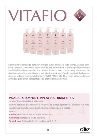 11
								
Sistema inovador criado para personalizar o atendimento a cada cliente, visando sem-
pre o sensorial. A linha conta com 07 produtos para combinar entre si proporcionando
total flexibilidade no cuidado dos cabelos. Todos os itens tratam reequilibrando o pH
dos fios e devolve a resistência e nutrição instantâneas. Cabelo saudável, brilhante e
cheio de vida por muito mais tempo. SERVICE PACK-7 são 07 serviços para atender aos
principais problemas apresentados ao profissional cabeleireiro.
PASSO 1 - SHAMPOO LIMPEZA PROFUNDA pH 5,5
SENSAÇÃO DE LIMPEZA E PERFUME
Elimina resíduos de poluição e resíduos de outros cosméticos aplicados na fibra
capilar. Sua fórmula suave devolve brilho e maciez para o cabelo.
Ativos:
Confrei: Hidratação, maciez e leve refrescância.
Camomila: Proteção e efeito calmante
Semi di Lino: Antioxidante rico em Ômega-3, 6 e 9
 