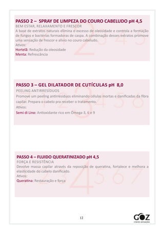12
PASSO 3 – GEL DILATADOR DE CUTÍCULAS pH 8,0
PEELING ANTIRRESÍDUOS
Promove um peeling antirresíduos eliminando células mortas e danificadas da fibra
capilar. Prepara o cabelo pra receber o tratamento.
Ativos:
Semi di Lino: Antioxidante rico em Ômega-3, 6 e 9
PASSO 2 – SPRAY DE LIMPEZA DO COURO CABELUDO pH 4,5
BEM ESTAR, RELAXAMENTO E FRESCOR
A base de extratos naturais elimina o excesso de oleosidade e controla a formação
de fungos e bactérias formadoras de caspa. A combinação desses extratos promove
uma sensação de frescor e alívio no couro cabeludo.
Ativos:
Hortelã: Redução da oleosidade
Menta: Refrescância
PASSO 4 – FLUIDO QUERATINIZADO pH 4,5
FORÇA E RESISTÊNCIA
Devolve massa capilar através da reposição de queratina, fortalece e melhora a
elasticidade do cabelo danificado.
Ativos:
Queratina: Restauração e força
 