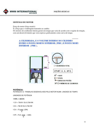NOÇÕES BÁSICAS

SISTEMAS DO MOTOR
Força do motor (força motriz)
È a força que o virabrequim transmite ao cambio.
Os motores de combustão interna geram um torque que varia de acordo com o regime de rotação,
com um desenvolvimento que vem expresso graficamente como curva de torque.

POTÊNCIA:
POTÊNCIA É O TRABALHO DESENVOLVIDO PELO MOTOR NUMA UNIDADE DE TEMPO
UNIDADES DE POTÊNCIA
1 KW = 1.36 CV.
1 CV = 736 W OU 0,736 KW.
I CV = 736 W OU 0,736 KW
I CV = 75 mkgf (DIN)
S
I HP = 75,9 mkgf
S

( SAE)

11

 