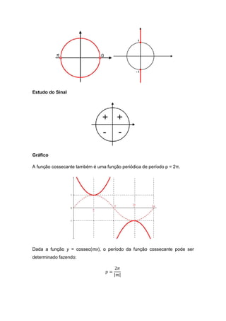 Estudo do Sinal




Gráfico

A função cossecante também é uma função periódica de período p = 2π.




Dada a função y = cossec(mx), o período da função cossecante pode ser
determinado fazendo:

                                      2ߨ
                                 ‫=݌‬
                                      |݉|
 