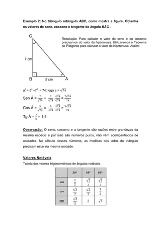 Exemplo 2: No triângulo retângulo ABC, como mostra a figura. Obtenha
os valores de seno, cosseno e tangente do ângulo BÂC .


                                Resolução: Para calcular o valor do seno e do cosseno
                                precisamos do valor da hipotenusa. Utilizaremos o Teorema
                                de Pitágoras para calcular o valor da hipotenusa. Assim:




a2 = 52 +72 = 74; logo a = √74
             ଻        ଻   √଻ସ       ଻√଻ସ
Sen Ǻ =           =       .     =
            √଻ସ       √଻ସ √଻ସ        ଻ସ

             ହ        ହ   √଻ସ       ହ√଻ସ
Cos Ǻ =           =       .     =
            √଻ସ       √଻ସ √଻ସ        ଻ସ
        ଻
Tg Ǻ = = 1,4
        ହ



Observação: O seno, cosseno e a tangente são razões entre grandezas da
mesma espécie e por isso são números puros, não vêm acompanhados de
unidades. No cálculo desses números, as medidas dos lados do triângulo
precisam estar na mesma unidade.


Valores Notáveis
Tabela dos valores trigonométricos de ângulos notáveis.
 