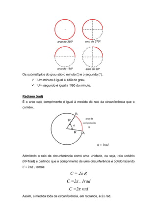 Os submúltiplos do grau são o minuto (‘) e o segundo (‘’).
          Um minuto é igual a 1/60 do grau.
          Um segundo é igual a 1/60 do minuto.


Radiano (rad)
É o arco cujo comprimento é igual à medida do raio da circunferência que o
contém.




                                                     α = 1rad


Admitindo o raio da circunferência como uma unidade, ou seja, raio unitário
(R=1rad) e partindo que o comprimento de uma circunferência é obtido fazendo
C = 2πR , temos:

                                  C = 2π R
                               C =2π . 1rad
                                 C =2π rad
Assim, a medida toda da circunferência, em radianos, é 2π rad.
 