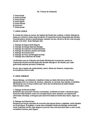 As 7 linhas de Umbanda
1º linha Oxalá
2º linha Iemanjá
3º linha Xango
4º linha Ogum
5º linha Oxossi
6º linha Iori
7º linha Iorimá
1º LINHA: OXALÁ
É a fusão de todas as outras. As legiões de Oxalá são a sétima e última falange de
todas as Linhas já vistas anteriormente. É responsável pela integração das demais.
Coordenadora, sendo a manifestação cósmica do céu, da terra, da luz e da energia,
da paz e do amor. Suas falanges são:
1. Falange de Ogum Delê (Ogum)
2. Falange de Xangô Djacutá (Xangô)
3. Falange do Caboclo Urubatã (Oxóssi)
4. Falange da Cabocla Janaína (Iemanjá)
5. Falange de Cosme (Iori)
6. Falange do Povo de Bengala (Iorimá)
7. Falange dos Caboclos de Oxalá
Lembramos que os Caboclos de Oxalá dificilmente incorporam, sendo os
responsáveis pela coordenação das demais falanges e da missão que cada
guia-chefe assume perante a Umbanda.
Ervas: são o tapete-de-oxalá (boldo), mariô, folhas de limoeiro, manjericão,
erva-cidreira, trevo e café.
2º LINHA: IEMANJÁ
Nessa falange, na Umbanda, trabalham todas as Iabás (Senhoras dos Rios),
agrupadas com os nomes de Janaína, caboclas ou sereias. Sua missão é trabalhar
diretamente com a força emotiva por meio dos sentimentos de maternidade,
misericórdia e amor.
1. Falange da Sereia do Mar
Entidades que assumem formas encantadas, residindo em todo o elemento água.
Possuem total domínio sobre as energias desse meio. Aceitam as tradicionais
oferendas a Iemanjá, entregues para seremlevadas ao fundo dos mares, lagos ou
rios.
2. Falange da Cabocla Iara
Dominam as forças nascidas do encontro das águas doces e salgadas, muito ligadas
ao Orixá Ogum. É também o nome das entidades chefes da falange conhecidas
como Caboclas do Rio. São alegres e juvenis. Sua vela será azul clara e uma verde,
vermelha e branca, para Ogum.
 