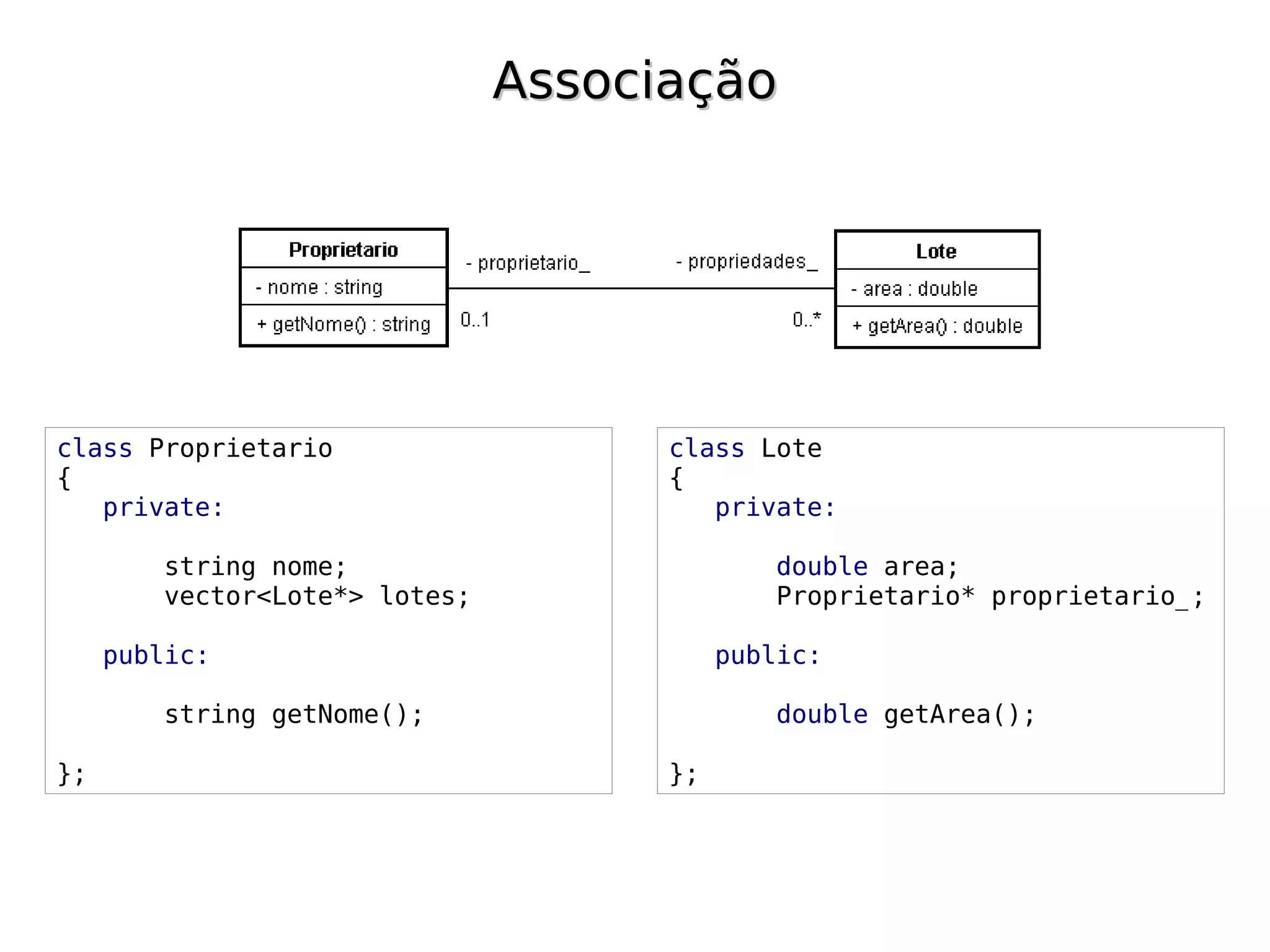 Associação




class Proprietario                   class Lote
{                                    {
   private:                             private:

        string nome;                         double area;
        vector<Lote*> lotes;                 Proprietario* proprietario_;

     public:                              public:

        string getNome();                    double getArea();

};                                   };
 