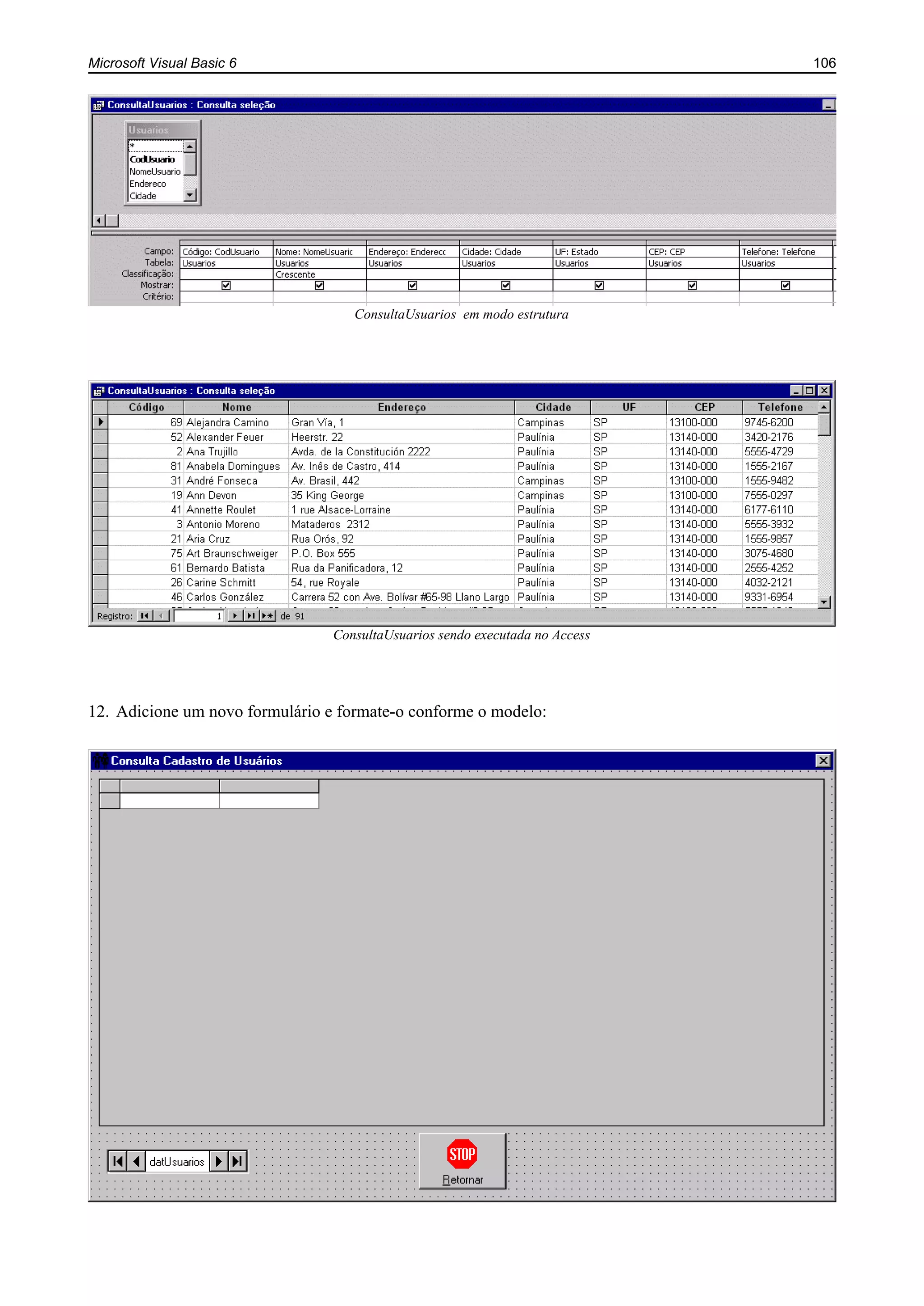 Microsoft Visual Basic 6 106
ConsultaUsuarios em modo estrutura
ConsultaUsuarios sendo executada no Access
12. Adicione um novo formulário e formate-o conforme o modelo:
 