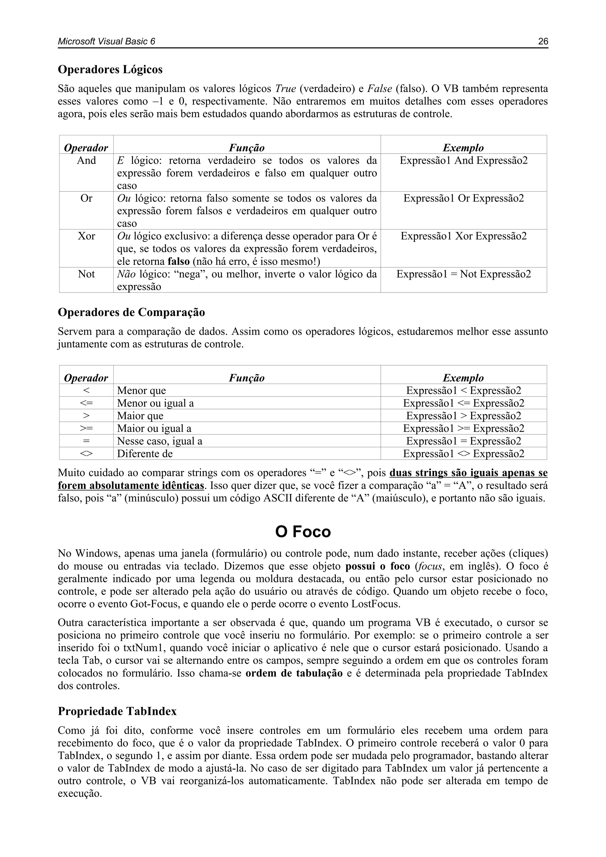 Microsoft Visual Basic 6 26
Operadores Lógicos
São aqueles que manipulam os valores lógicos True (verdadeiro) e False (falso). O VB também representa
esses valores como –1 e 0, respectivamente. Não entraremos em muitos detalhes com esses operadores
agora, pois eles serão mais bem estudados quando abordarmos as estruturas de controle.
Operador Função Exemplo
And E lógico: retorna verdadeiro se todos os valores da
expressão forem verdadeiros e falso em qualquer outro
caso
Expressão1 And Expressão2
Or Ou lógico: retorna falso somente se todos os valores da
expressão forem falsos e verdadeiros em qualquer outro
caso
Expressão1 Or Expressão2
Xor Ou lógico exclusivo: a diferença desse operador para Or é
que, se todos os valores da expressão forem verdadeiros,
ele retorna falso (não há erro, é isso mesmo!)
Expressão1 Xor Expressão2
Not Não lógico: “nega”, ou melhor, inverte o valor lógico da
expressão
Expressão1 = Not Expressão2
Operadores de Comparação
Servem para a comparação de dados. Assim como os operadores lógicos, estudaremos melhor esse assunto
juntamente com as estruturas de controle.
Operador Função Exemplo
< Menor que Expressão1 < Expressão2
<= Menor ou igual a Expressão1 <= Expressão2
> Maior que Expressão1 > Expressão2
>= Maior ou igual a Expressão1 >= Expressão2
= Nesse caso, igual a Expressão1 = Expressão2
<> Diferente de Expressão1 <> Expressão2
Muito cuidado ao comparar strings com os operadores “=” e “<>”, pois duas strings são iguais apenas se
forem absolutamente idênticas. Isso quer dizer que, se você fizer a comparação “a” = “A”, o resultado será
falso, pois “a” (minúsculo) possui um código ASCII diferente de “A” (maiúsculo), e portanto não são iguais.
O Foco
No Windows, apenas uma janela (formulário) ou controle pode, num dado instante, receber ações (cliques)
do mouse ou entradas via teclado. Dizemos que esse objeto possui o foco (focus, em inglês). O foco é
geralmente indicado por uma legenda ou moldura destacada, ou então pelo cursor estar posicionado no
controle, e pode ser alterado pela ação do usuário ou através de código. Quando um objeto recebe o foco,
ocorre o evento Got-Focus, e quando ele o perde ocorre o evento LostFocus.
Outra característica importante a ser observada é que, quando um programa VB é executado, o cursor se
posiciona no primeiro controle que você inseriu no formulário. Por exemplo: se o primeiro controle a ser
inserido foi o txtNum1, quando você iniciar o aplicativo é nele que o cursor estará posicionado. Usando a
tecla Tab, o cursor vai se alternando entre os campos, sempre seguindo a ordem em que os controles foram
colocados no formulário. Isso chama-se ordem de tabulação e é determinada pela propriedade TabIndex
dos controles.
Propriedade TabIndex
Como já foi dito, conforme você insere controles em um formulário eles recebem uma ordem para
recebimento do foco, que é o valor da propriedade TabIndex. O primeiro controle receberá o valor 0 para
TabIndex, o segundo 1, e assim por diante. Essa ordem pode ser mudada pelo programador, bastando alterar
o valor de TabIndex de modo a ajustá-la. No caso de ser digitado para TabIndex um valor já pertencente a
outro controle, o VB vai reorganizá-los automaticamente. TabIndex não pode ser alterada em tempo de
execução.
 