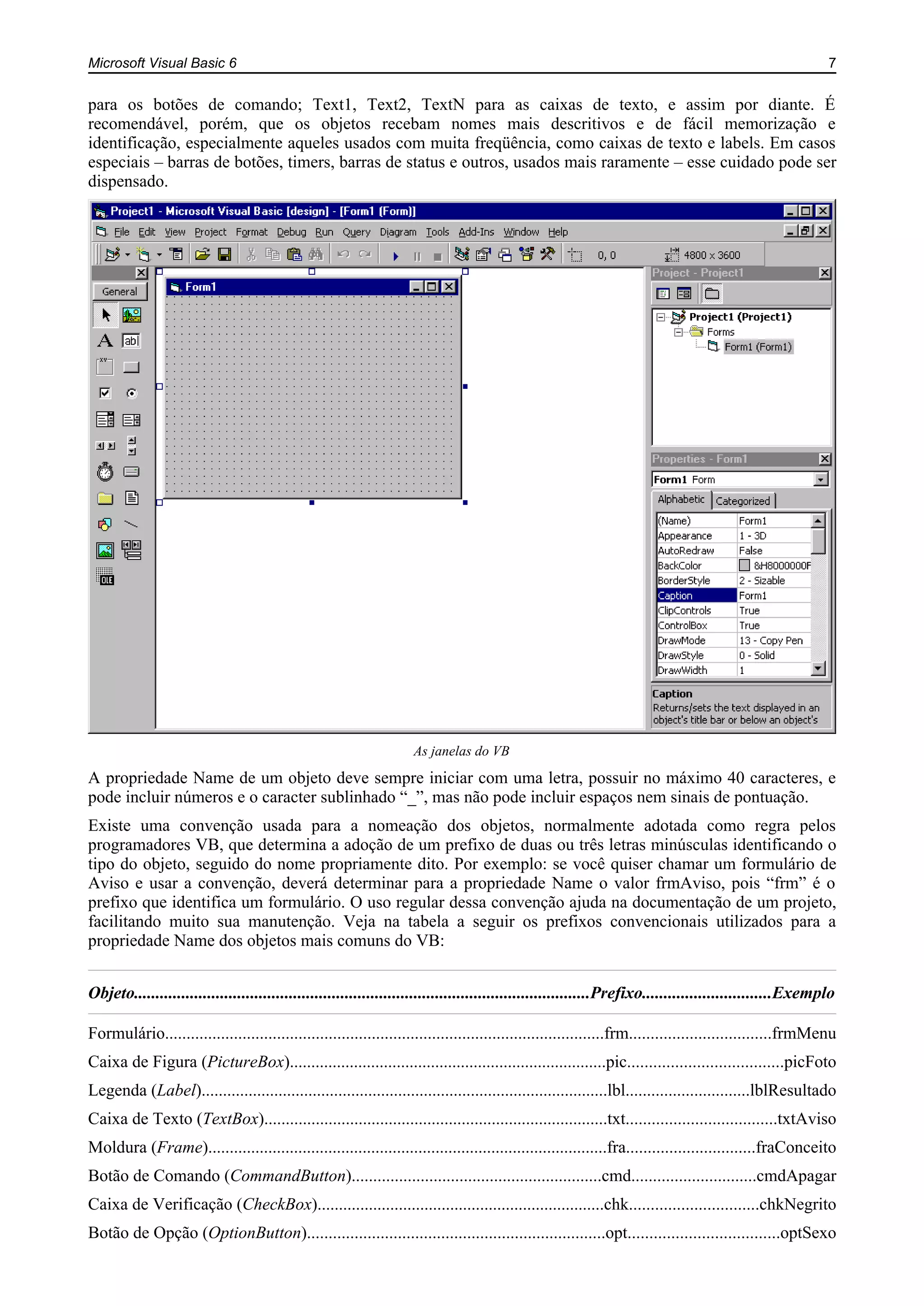 Microsoft Visual Basic 6 7
para os botões de comando; Text1, Text2, TextN para as caixas de texto, e assim por diante. É
recomendável, porém, que os objetos recebam nomes mais descritivos e de fácil memorização e
identificação, especialmente aqueles usados com muita freqüência, como caixas de texto e labels. Em casos
especiais – barras de botões, timers, barras de status e outros, usados mais raramente – esse cuidado pode ser
dispensado.
As janelas do VB
A propriedade Name de um objeto deve sempre iniciar com uma letra, possuir no máximo 40 caracteres, e
pode incluir números e o caracter sublinhado “_”, mas não pode incluir espaços nem sinais de pontuação.
Existe uma convenção usada para a nomeação dos objetos, normalmente adotada como regra pelos
programadores VB, que determina a adoção de um prefixo de duas ou três letras minúsculas identificando o
tipo do objeto, seguido do nome propriamente dito. Por exemplo: se você quiser chamar um formulário de
Aviso e usar a convenção, deverá determinar para a propriedade Name o valor frmAviso, pois “frm” é o
prefixo que identifica um formulário. O uso regular dessa convenção ajuda na documentação de um projeto,
facilitando muito sua manutenção. Veja na tabela a seguir os prefixos convencionais utilizados para a
propriedade Name dos objetos mais comuns do VB:
Objeto..........................................................................................................Prefixo..............................Exemplo
Formulário......................................................................................................frm.................................frmMenu
Caixa de Figura (PictureBox)..........................................................................pic....................................picFoto
Legenda (Label)...............................................................................................lbl.............................lblResultado
Caixa de Texto (TextBox)................................................................................txt...................................txtAviso
Moldura (Frame).............................................................................................fra..............................fraConceito
Botão de Comando (CommandButton)..........................................................cmd.............................cmdApagar
Caixa de Verificação (CheckBox)...................................................................chk..............................chkNegrito
Botão de Opção (OptionButton).....................................................................opt...................................optSexo
 
