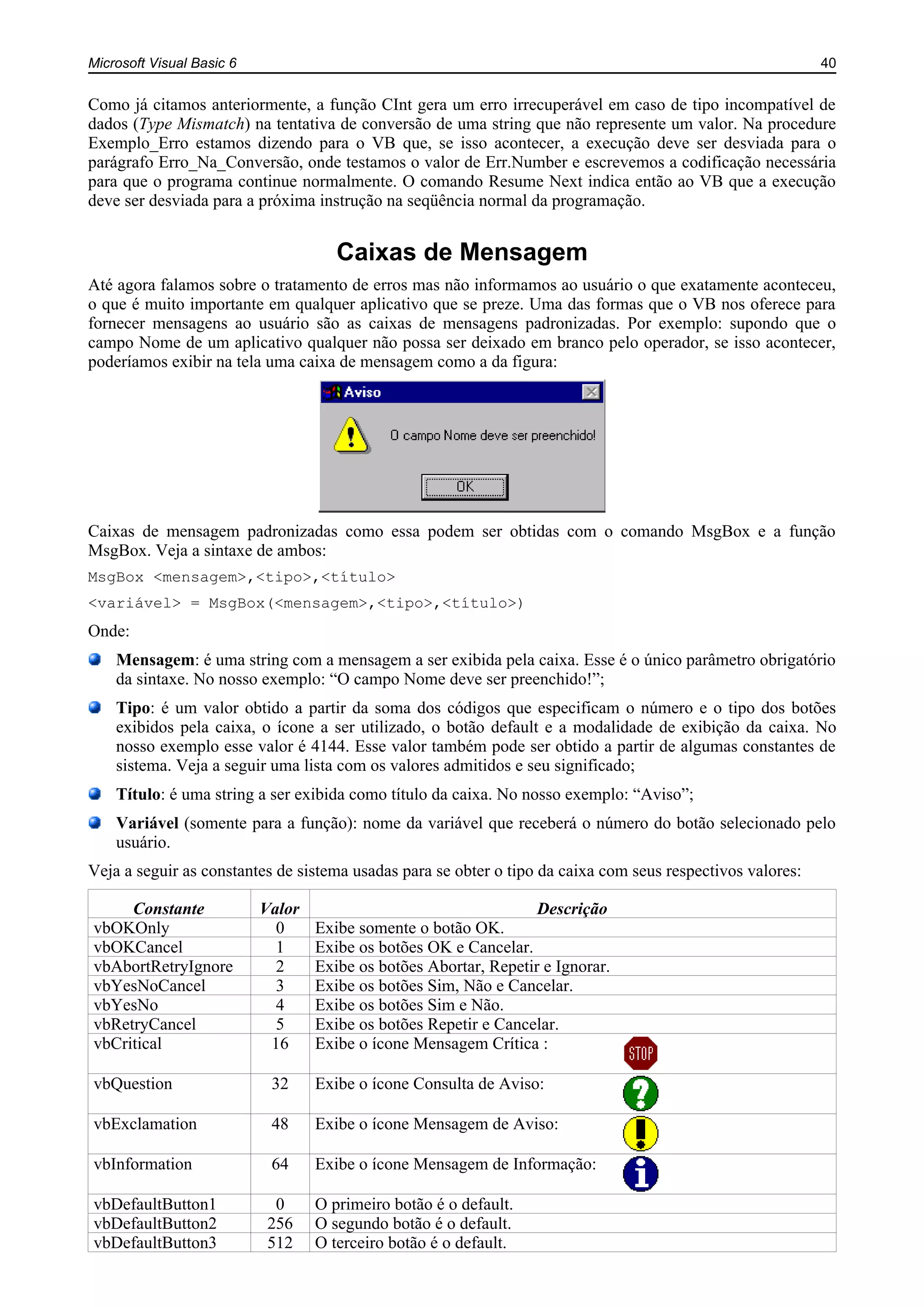 Microsoft Visual Basic 6 40
Como já citamos anteriormente, a função CInt gera um erro irrecuperável em caso de tipo incompatível de
dados (Type Mismatch) na tentativa de conversão de uma string que não represente um valor. Na procedure
Exemplo_Erro estamos dizendo para o VB que, se isso acontecer, a execução deve ser desviada para o
parágrafo Erro_Na_Conversão, onde testamos o valor de Err.Number e escrevemos a codificação necessária
para que o programa continue normalmente. O comando Resume Next indica então ao VB que a execução
deve ser desviada para a próxima instrução na seqüência normal da programação.
Caixas de Mensagem
Até agora falamos sobre o tratamento de erros mas não informamos ao usuário o que exatamente aconteceu,
o que é muito importante em qualquer aplicativo que se preze. Uma das formas que o VB nos oferece para
fornecer mensagens ao usuário são as caixas de mensagens padronizadas. Por exemplo: supondo que o
campo Nome de um aplicativo qualquer não possa ser deixado em branco pelo operador, se isso acontecer,
poderíamos exibir na tela uma caixa de mensagem como a da figura:
Caixas de mensagem padronizadas como essa podem ser obtidas com o comando MsgBox e a função
MsgBox. Veja a sintaxe de ambos:
MsgBox <mensagem>,<tipo>,<título>
<variável> = MsgBox(<mensagem>,<tipo>,<título>)
Onde:
Mensagem: é uma string com a mensagem a ser exibida pela caixa. Esse é o único parâmetro obrigatório
da sintaxe. No nosso exemplo: “O campo Nome deve ser preenchido!”;
Tipo: é um valor obtido a partir da soma dos códigos que especificam o número e o tipo dos botões
exibidos pela caixa, o ícone a ser utilizado, o botão default e a modalidade de exibição da caixa. No
nosso exemplo esse valor é 4144. Esse valor também pode ser obtido a partir de algumas constantes de
sistema. Veja a seguir uma lista com os valores admitidos e seu significado;
Título: é uma string a ser exibida como título da caixa. No nosso exemplo: “Aviso”;
Variável (somente para a função): nome da variável que receberá o número do botão selecionado pelo
usuário.
Veja a seguir as constantes de sistema usadas para se obter o tipo da caixa com seus respectivos valores:
Constante Valor Descrição
vbOKOnly 0 Exibe somente o botão OK.
vbOKCancel 1 Exibe os botões OK e Cancelar.
vbAbortRetryIgnore 2 Exibe os botões Abortar, Repetir e Ignorar.
vbYesNoCancel 3 Exibe os botões Sim, Não e Cancelar.
vbYesNo 4 Exibe os botões Sim e Não.
vbRetryCancel 5 Exibe os botões Repetir e Cancelar.
vbCritical 16 Exibe o ícone Mensagem Crítica :
vbQuestion 32 Exibe o ícone Consulta de Aviso:
vbExclamation 48 Exibe o ícone Mensagem de Aviso:
vbInformation 64 Exibe o ícone Mensagem de Informação:
vbDefaultButton1 0 O primeiro botão é o default.
vbDefaultButton2 256 O segundo botão é o default.
vbDefaultButton3 512 O terceiro botão é o default.
 