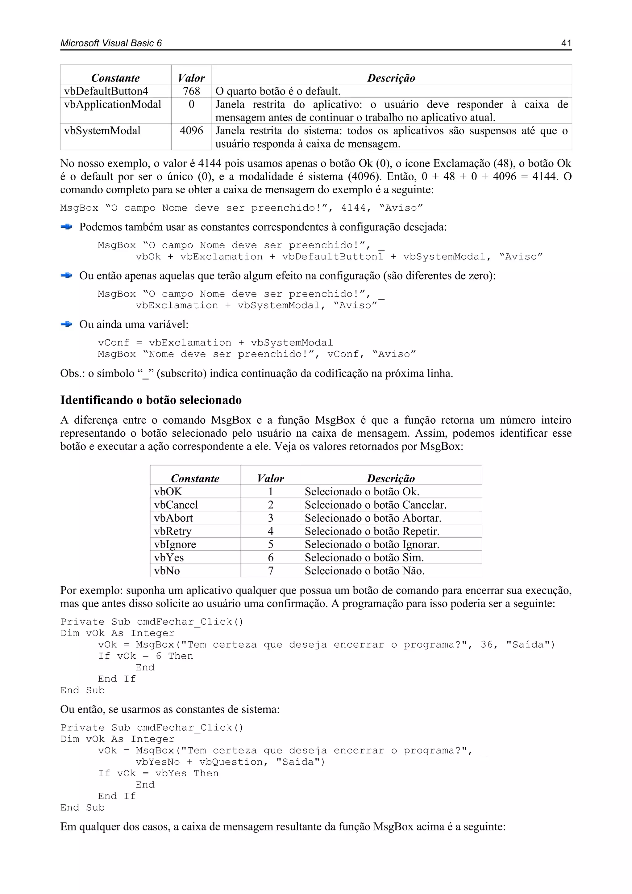Microsoft Visual Basic 6 41
Constante Valor Descrição
vbDefaultButton4 768 O quarto botão é o default.
vbApplicationModal 0 Janela restrita do aplicativo: o usuário deve responder à caixa de
mensagem antes de continuar o trabalho no aplicativo atual.
vbSystemModal 4096 Janela restrita do sistema: todos os aplicativos são suspensos até que o
usuário responda à caixa de mensagem.
No nosso exemplo, o valor é 4144 pois usamos apenas o botão Ok (0), o ícone Exclamação (48), o botão Ok
é o default por ser o único (0), e a modalidade é sistema (4096). Então, 0 + 48 + 0 + 4096 = 4144. O
comando completo para se obter a caixa de mensagem do exemplo é a seguinte:
MsgBox “O campo Nome deve ser preenchido!”, 4144, “Aviso”
Podemos também usar as constantes correspondentes à configuração desejada:
MsgBox “O campo Nome deve ser preenchido!”, _
vbOk + vbExclamation + vbDefaultButton1 + vbSystemModal, “Aviso”
Ou então apenas aquelas que terão algum efeito na configuração (são diferentes de zero):
MsgBox “O campo Nome deve ser preenchido!”, _
vbExclamation + vbSystemModal, “Aviso”
Ou ainda uma variável:
vConf = vbExclamation + vbSystemModal
MsgBox “Nome deve ser preenchido!”, vConf, “Aviso”
Obs.: o símbolo “_” (subscrito) indica continuação da codificação na próxima linha.
Identificando o botão selecionado
A diferença entre o comando MsgBox e a função MsgBox é que a função retorna um número inteiro
representando o botão selecionado pelo usuário na caixa de mensagem. Assim, podemos identificar esse
botão e executar a ação correspondente a ele. Veja os valores retornados por MsgBox:
Constante Valor Descrição
vbOK 1 Selecionado o botão Ok.
vbCancel 2 Selecionado o botão Cancelar.
vbAbort 3 Selecionado o botão Abortar.
vbRetry 4 Selecionado o botão Repetir.
vbIgnore 5 Selecionado o botão Ignorar.
vbYes 6 Selecionado o botão Sim.
vbNo 7 Selecionado o botão Não.
Por exemplo: suponha um aplicativo qualquer que possua um botão de comando para encerrar sua execução,
mas que antes disso solicite ao usuário uma confirmação. A programação para isso poderia ser a seguinte:
Private Sub cmdFechar_Click()
Dim vOk As Integer
vOk = MsgBox("Tem certeza que deseja encerrar o programa?", 36, "Saída")
If vOk = 6 Then
End
End If
End Sub
Ou então, se usarmos as constantes de sistema:
Private Sub cmdFechar_Click()
Dim vOk As Integer
vOk = MsgBox("Tem certeza que deseja encerrar o programa?", _
vbYesNo + vbQuestion, "Saída")
If vOk = vbYes Then
End
End If
End Sub
Em qualquer dos casos, a caixa de mensagem resultante da função MsgBox acima é a seguinte:
 