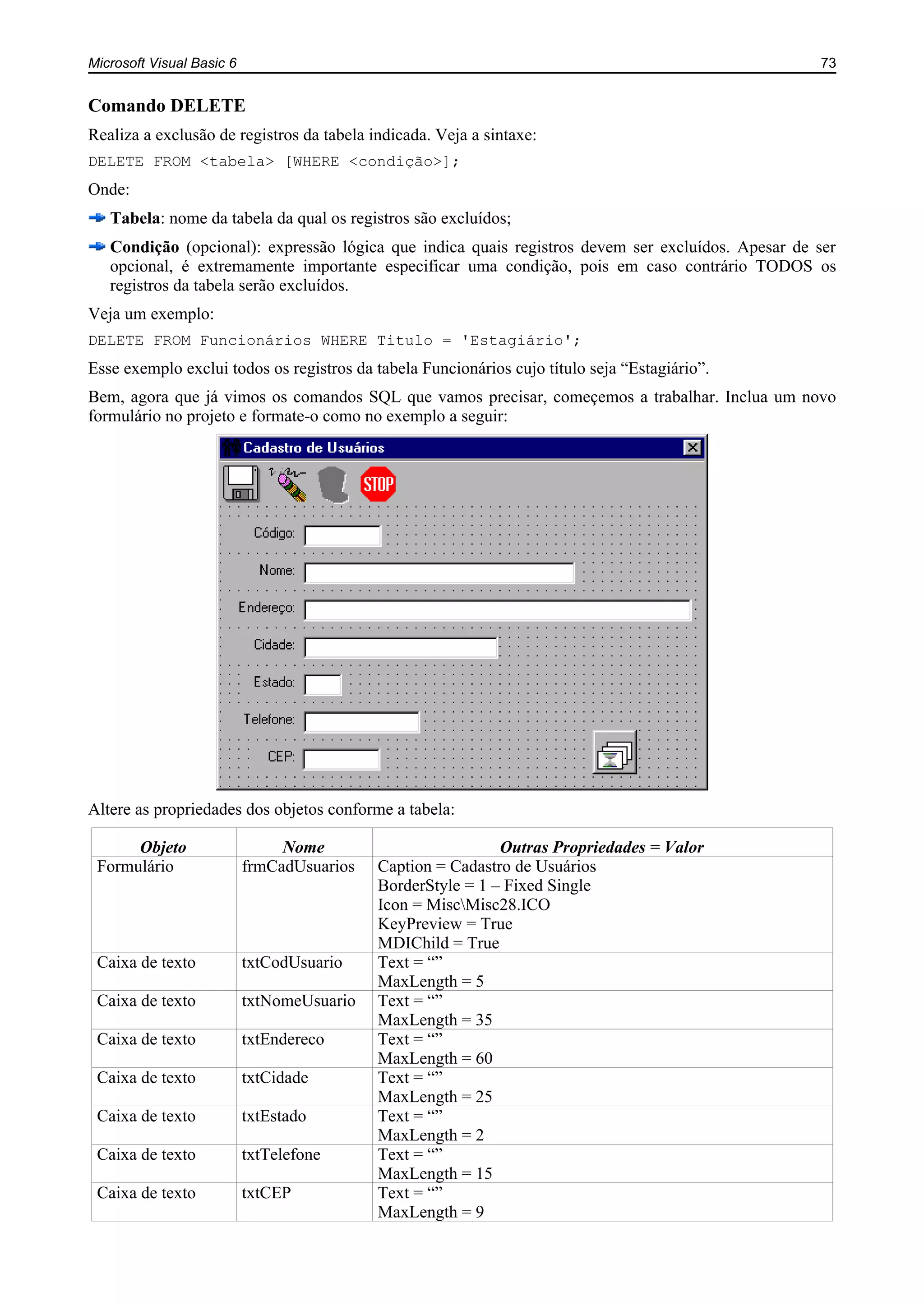 Microsoft Visual Basic 6 73
Comando DELETE
Realiza a exclusão de registros da tabela indicada. Veja a sintaxe:
DELETE FROM <tabela> [WHERE <condição>];
Onde:
Tabela: nome da tabela da qual os registros são excluídos;
Condição (opcional): expressão lógica que indica quais registros devem ser excluídos. Apesar de ser
opcional, é extremamente importante especificar uma condição, pois em caso contrário TODOS os
registros da tabela serão excluídos.
Veja um exemplo:
DELETE FROM Funcionários WHERE Titulo = 'Estagiário';
Esse exemplo exclui todos os registros da tabela Funcionários cujo título seja “Estagiário”.
Bem, agora que já vimos os comandos SQL que vamos precisar, começemos a trabalhar. Inclua um novo
formulário no projeto e formate-o como no exemplo a seguir:
Altere as propriedades dos objetos conforme a tabela:
Objeto Nome Outras Propriedades = Valor
Formulário frmCadUsuarios Caption = Cadastro de Usuários
BorderStyle = 1 – Fixed Single
Icon = MiscMisc28.ICO
KeyPreview = True
MDIChild = True
Caixa de texto txtCodUsuario Text = “”
MaxLength = 5
Caixa de texto txtNomeUsuario Text = “”
MaxLength = 35
Caixa de texto txtEndereco Text = “”
MaxLength = 60
Caixa de texto txtCidade Text = “”
MaxLength = 25
Caixa de texto txtEstado Text = “”
MaxLength = 2
Caixa de texto txtTelefone Text = “”
MaxLength = 15
Caixa de texto txtCEP Text = “”
MaxLength = 9
 