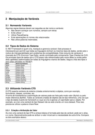 Versão: 2.0                                     www.marcelosincic.com.br                           Página 11 de 45




2 Manipulação de Variáveis

2.1 Nomeando Variaveis
Algumas regras básicas devem ser seguidas ao dar nome a variáveis:
   • Não devem começar com números, sempre com letras
   • Evite utilizar “_”
   • Utilize PascalCasing
   • Evite abreviações ou nomes não relacionados
   • Não utilize palavras reservadas.


2.2 Tipos de Dados do Sistema
O .NET Framework é quem cria, manipula e gerencia variável. Este processo é
interessante por permitir que todas as linguagens tenham os mesmos tipos de dados, sendo este o
motivo de interoperabilidade sem problemas de compatibilidade. Este conjunto de variáveis é
chamado de CTS (Common Type Safe), sendo controlado pelo componente Type Checker do CLR.
Os principais tipos de dados que o CTS possui são referenciados pelo nome deles ou então pelos
alias (apelidos) padronizados em todas as linguagens e banco de dados. Segue a lista dos tipos e
seus alias utilizados no VB.NET:
Alias             Nome de Sistema
Sbyte             System.Sbyte
Byte              System.Byte
Short             System.Int16
Integer           System.Int32
Long              System.Int64
Char              System.Char
Single            System.Single
Double            System.Double
Boolean           System.Boolean
Decimal           System.Decimal
String            System.String



2.3 Utilizando Variáveis CTS
O CTS suporta variáveis de sistema (citadas anteriormente) e objetos, como por exemplo,
formulários, classes, controles, etc.
A forma de transferência e assimilação de valores pode ser feita pelo modo valor (ByVal) ou pelo
modo referencia (ByRef). Todos as variáveis criadas de objetos são do tipo referencia, uma vez que
o tipo de dados é parte do framework e o que se cria é apenas um apontador para o objeto. Por
exemplo, ao criar uma variável do tipo Dataset não se está criando um novo dataset. Para isso
precisa-se utilizar a palavra chave New.


2.3.1 Criação e Atribuição de Valor
Ao criar uma variável do tipo CTS a sintaxe básica é formada pelo tipo da variável, pode ser o alias,
e o nome. Opcionalmente pode-se atribuir o valor inicial sem a necessidade de outra linha. Compare
os dois exemplos abaixo:
www.marcelosincic.com.br                                                              Reprodução e distribuição livre
 