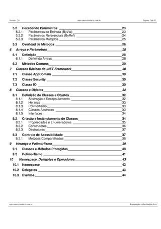 Versão: 2.0                                    www.marcelosincic.com.br                      Página 3 de 45


    5.2    Recebendo Parâmetros ____________________________________ 23
      5.2.1   Parâmetros de Entrada (ByVal) ____________________________ 23
      5.2.2   Parâmetros Referenciais (ByRef) __________________________ 24
      5.2.3   Parâmetros Múltiplos ____________________________________ 25
    5.3       Overload de Métodos ______________________________________ 26
6      Arrays e Parâmetros ___________________________________________ 28
    6.1    Definição _________________________________________________ 28
      6.1.1    Definindo Arrays ________________________________________ 28
    6.2       Métodos Comuns__________________________________________ 29
7      Classes Básicas do .NET Framework _____________________________ 30
    7.1       Classe AppDomain ________________________________________ 30
    7.2       Classe Security ___________________________________________ 30
    7.3       Classe IO ________________________________________________ 30
8      Classes e Objetos _____________________________________________ 32
    8.1    Definição de Classes e Objetos ______________________________ 32
      8.1.1    Abstração e Encapsulamento _____________________________ 32
      8.1.2    Herança ______________________________________________ 33
      8.1.3    Polimorfismo ___________________________________________ 33
      8.1.4    Classes Abstratas ______________________________________ 33
      8.1.5    Interfaces _____________________________________________ 34
    8.2    Criação e Instanciamento de Classes _________________________ 34
      8.2.1    Propriedades e Enumeradores ____________________________ 35
      8.2.2    Construtores ___________________________________________ 36
      8.2.3    Destrutores ____________________________________________ 37
    8.3    Controle de Acessibilidade _________________________________ 37
      8.3.1   Métodos Compartilhados _________________________________ 38
9      Herança e Polimorfismo ________________________________________ 39
    9.1       Classes e Métodos Protegidas_______________________________ 40
    9.2       Polimorfismo _____________________________________________ 41
10         Namespace, Delegates e Operadores ___________________________ 43
    10.1      Namespace _______________________________________________ 43
    10.2      Delegates ________________________________________________ 43
    10.3      Eventos __________________________________________________ 44




www.marcelosincic.com.br                                                       Reprodução e distribuição livre
 