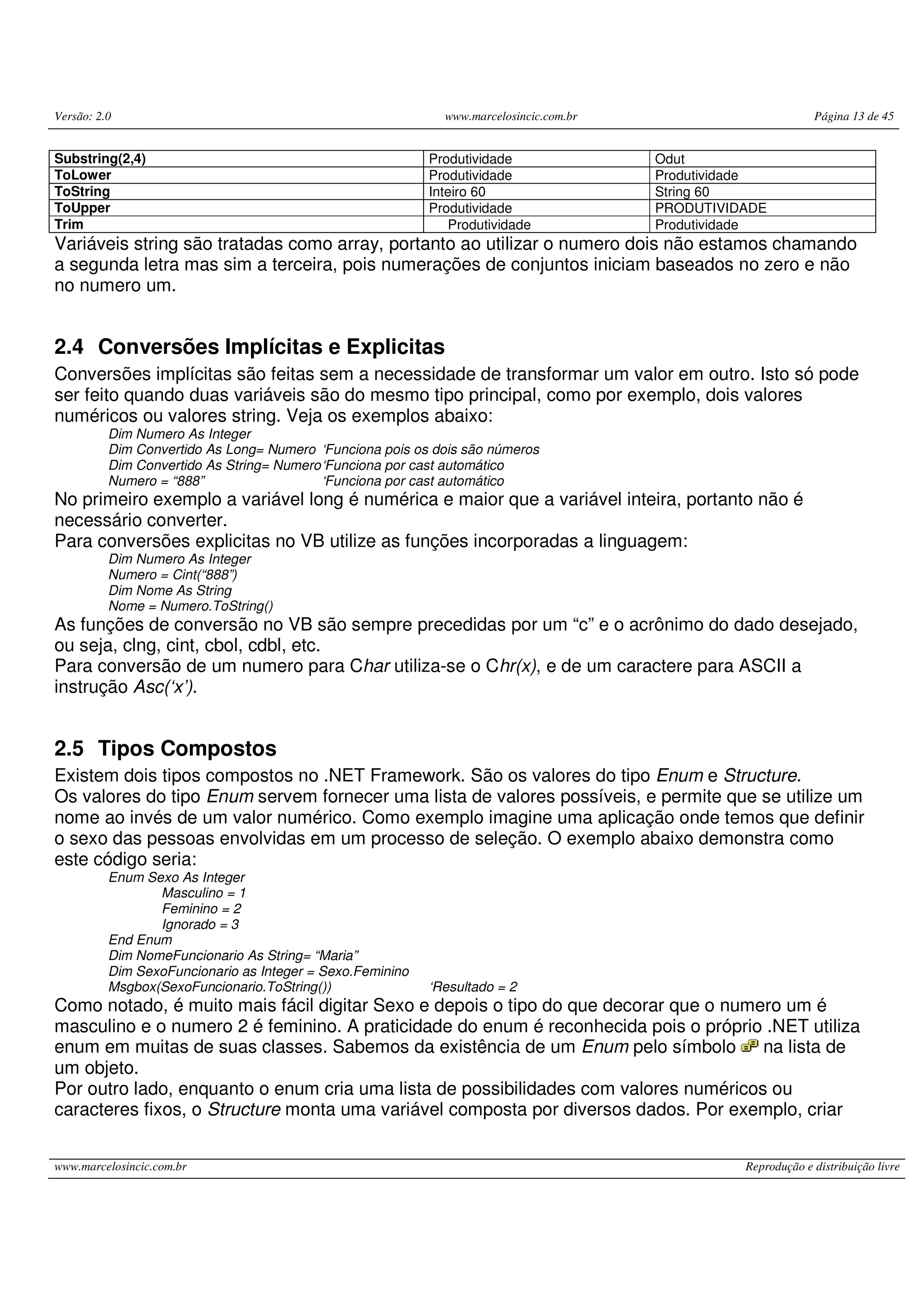 Versão: 2.0 www.marcelosincic.com.br Página 13 de 45
www.marcelosincic.com.br Reprodução e distribuição livre
Substring(2,4) Produtividade Odut
ToLower Produtividade Produtividade
ToString Inteiro 60 String 60
ToUpper Produtividade PRODUTIVIDADE
Trim Produtividade Produtividade
Variáveis string são tratadas como array, portanto ao utilizar o numero dois não estamos chamando
a segunda letra mas sim a terceira, pois numerações de conjuntos iniciam baseados no zero e não
no numero um.
2.4 Conversões Implícitas e Explicitas
Conversões implícitas são feitas sem a necessidade de transformar um valor em outro. Isto só pode
ser feito quando duas variáveis são do mesmo tipo principal, como por exemplo, dois valores
numéricos ou valores string. Veja os exemplos abaixo:
Dim Numero As Integer
Dim Convertido As Long= Numero ‘Funciona pois os dois são números
Dim Convertido As String= Numero‘Funciona por cast automático
Numero = “888” ‘Funciona por cast automático
No primeiro exemplo a variável long é numérica e maior que a variável inteira, portanto não é
necessário converter.
Para conversões explicitas no VB utilize as funções incorporadas a linguagem:
Dim Numero As Integer
Numero = Cint(“888”)
Dim Nome As String
Nome = Numero.ToString()
As funções de conversão no VB são sempre precedidas por um “c” e o acrônimo do dado desejado,
ou seja, clng, cint, cbol, cdbl, etc.
Para conversão de um numero para Char utiliza-se o Chr(x), e de um caractere para ASCII a
instrução Asc(‘x’).
2.5 Tipos Compostos
Existem dois tipos compostos no .NET Framework. São os valores do tipo Enum e Structure.
Os valores do tipo Enum servem fornecer uma lista de valores possíveis, e permite que se utilize um
nome ao invés de um valor numérico. Como exemplo imagine uma aplicação onde temos que definir
o sexo das pessoas envolvidas em um processo de seleção. O exemplo abaixo demonstra como
este código seria:
Enum Sexo As Integer
Masculino = 1
Feminino = 2
Ignorado = 3
End Enum
Dim NomeFuncionario As String= “Maria”
Dim SexoFuncionario as Integer = Sexo.Feminino
Msgbox(SexoFuncionario.ToString()) ‘Resultado = 2
Como notado, é muito mais fácil digitar Sexo e depois o tipo do que decorar que o numero um é
masculino e o numero 2 é feminino. A praticidade do enum é reconhecida pois o próprio .NET utiliza
enum em muitas de suas classes. Sabemos da existência de um Enum pelo símbolo na lista de
um objeto.
Por outro lado, enquanto o enum cria uma lista de possibilidades com valores numéricos ou
caracteres fixos, o Structure monta uma variável composta por diversos dados. Por exemplo, criar
 