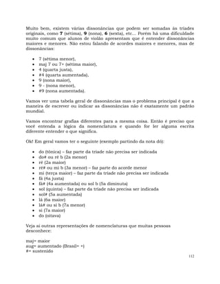112
Muito bem, existem várias dissonâncias que podem ser somadas às tríades
originais, como 7 (sétima), 9 (nona), 6 (sexta), etc... Porém há uma dificuldade
muito comum que alunos de violão apresentam que é entender dissonâncias
maiores e menores. Não estou falando de acordes maiores e menores, mas de
dissonâncias:
7 (sétima menor),
maj 7 ou 7+ (sétima maior),
4 (quarta justa),
#4 (quarta aumentada),
9 (nona maior),
9 - (nona menor),
#9 (nona aumentada).
Vamos ver uma tabela geral de dissonâncias mas o problema principal é que a
maneira de escrever ou indicar as dissonâncias não é exatamente um padrão
mundial.
Vamos encontrar grafias diferentes para a mesma coisa. Então é preciso que
você entenda a lógica da nomenclatura e quando for ler alguma escrita
diferente entender o que significa.
Ok! Em geral vamos ter o seguinte (exemplo partindo da nota dó):
do (tônica) – faz parte da tríade não precisa ser indicada
do# ou ré b (2a menor)
ré (2a maior)
ré# ou mi b (3a menor) – faz parte do acorde menor
mi (terça maior) – faz parte da tríade não precisa ser indicada
fá (4a justa)
fá# (4a aumentada) ou sol b (5a diminuta)
sol (quinta) – faz parte da tríade não precisa ser indicada
sol# (5a aumentada)
lá (6a maior)
lá# ou si b (7a menor)
si (7a maior)
do (oitava)
Veja ai outras representações de nomenclaturas que muitas pessoas
desconhece:
maj= maior
aug= aumentado (Brasil= +)
#= sustenido
 
