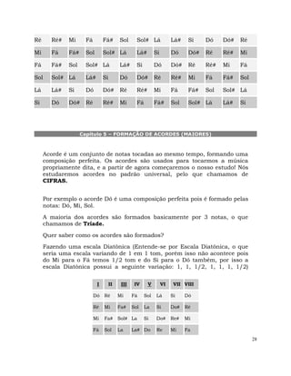 28
Ré Ré# Mi Fá Fá# Sol Sol# Lá Lá# Si Dó Dó# Ré
Mi Fá Fá# Sol Sol# Lá Lá# Si Dó Dó# Ré Ré# Mi
Fá Fá# Sol Sol# Lá Lá# Si Dó Dó# Ré Ré# Mi Fá
Sol Sol# Lá Lá# Si Dó Dó# Ré Ré# Mi Fá Fá# Sol
Lá Lá# Si Dó Dó# Ré Ré# Mi Fá Fá# Sol Sol# Lá
Si Dó Dó# Ré Ré# Mi Fá Fá# Sol Sol# Lá Lá# Si
Capítulo 5 – FORMAÇÃO DE ACORDES (MAIORES)
Acorde é um conjunto de notas tocadas ao mesmo tempo, formando uma
composição perfeita. Os acordes são usados para tocarmos a música
propriamente dita, e a partir de agora começaremos o nosso estudo! Nós
estudaremos acordes no padrão universal, pelo que chamamos de
CIFRAS.
Por exemplo o acorde Dó é uma composição perfeita pois é formado pelas
notas: Dó, Mi, Sol.
A maioria dos acordes são formados basicamente por 3 notas, o que
chamamos de Tríade.
Quer saber como os acordes são formados?
Fazendo uma escala Diatônica (Entende-se por Escala Diatônica, o que
seria uma escala variando de 1 em 1 tom, porém isso não acontece pois
do Mi para o Fá temos 1/2 tom e do Si para o Dó também, por isso a
escala Diatônica possui a seguinte variação: 1, 1, 1/2, 1, 1, 1, 1/2)
I II III IV V VI VII VIII
Dó Ré Mi Fá Sol Lá Si Dó
Ré Mi Fa# Sol La Si Do# Ré
Mi Fa# Sol# La Si Do# Re# Mi
Fá Sol La La# Do Re Mi Fa
 