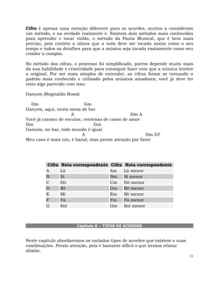 31
Cifra é apenas uma notação diferente para os acordes, muitos a consideram
um método, e na verdade realmente é. Existem dois métodos mais conhecidos
para aprender e tocar violão, o método da Pauta Musical, que é bem mais
preciso, pois contém a oitava que a nota deve ser tocada assim como o seu
tempo e todos os detalhes para que a música seja tocada exatamente como seu
criador a compôs.
No método das cifras, o processo foi simplificado, porém depende muito mais
da sua habilidade e criatividade para conseguir fazer com que a música lembre
a original. Por ser mais simples de entender, as cifras foram se tornando o
padrão mais conhecido e utilizado pelos músicos amadores, você já deve ter
visto algo parecido com isso:
Garçom (Reginaldo Rossi)
Dm Gm
Garçom, aqui, nesta mesa de bar
A Dm A
Você já cansou de escutar, centenas de casos de amor
Dm Gm
Garçom, no bar, todo mundo é igual
A Dm D7
Meu caso é mais um, é banal, mas preste atenção por favor
Cifra Nota correspondente Cifra Nota correspondente
A Lá Am Lá menor
B Si Bm Si menor
C Dó Cm Dó menor
D Ré Dm Ré menor
E Mi Em Mi menor
F Fá Fm Fá menor
G Sol Gm Sol menor
Capítulo 8 – TIPOS DE ACORDES
Neste capítulo abordaremos os variados tipos de acordes que existem e suas
combinações. Preste atenção, pois é bastante difícil o que iremos relatar
abaixo.
 