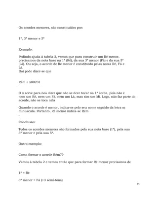 35
Os acordes menores, são constituídos por:
1ª, 3ª menor e 5ª
Exemplo:
Pedindo ajuda à tabela 2, vemos que para construir um Ré menor,
precisamos da nota base ou 1ª (Ré), da sua 3ª menor (Fá) e da sua 5ª
(Lá). Ou seja, o acorde de Ré menor é constituído pelas notas Ré, Fá e
Lá.
Daí pode dizer-se que
Rém = x00231
O x serve para nos dizer que não se deve tocar na 1ª corda, pois não é
nem um Ré, nem um Fá, nem um Lá, mas sim um Mi. Logo, não faz parte do
acorde, não se toca nela
Quando o acorde é menor, indica-se pelo seu nome seguido da letra m
minúscula. Portanto, Ré menor indica-se Rém
.
Conclusão:
Todos os acordes menores são formados pela sua nota base (1ª), pela sua
3ª menor e pela sua 5ª.
Outro exemplo:
Como formar o acorde Rém7?
Vamos à tabela 2 e vemos então que para formar Ré menor precisamos de
1ª = Ré
3ª menor = Fá (+3 semi-tons)
 
