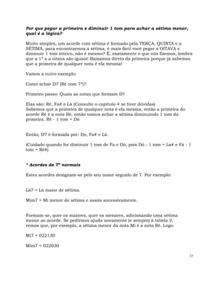 37
Por que pegar a primeira e diminuir 1 tom para achar a sétima menor,
qual é a lógica?
Muito simples, um acorde com sétima é formado pela TERÇA, QUINTA e a
SÉTIMA, para encontrarmos a sétima, é mais fácil você pegar a OITAVA e
diminuir 1 tom inteiro, não é mesmo? É, exatamente o que nós fizemos, lembra
que a 1ª a a oitava são iguais! Baixamos direto da primeira porque já sabemos
que a primeira de qualquer nota é ela mesma!
Vamos a outro exemplo:
Como achar D7 (Ré com 7ª)?
Primeiro passo: Quais as notas que formam D?
Elas são: Ré, Fa# e Lá (Consulte o capítulo 4 se tiver dúvidas)
Sabemos que a primeira de qualquer nota é ela mesma, então a primeira do
acorde Ré é a nota Ré, então vamos achar a sétima diminuindo 1 tom da
primeira. Ré - 1 tom = Dó
Então, D7 é formada por: Do, Fa# e Lá.
(Cuidado quando for diminuir 1 tom de Fa e Dó, pois Dó - 1 tom = La# e Fá - 1
tom = Ré#)
* Acordes de 7ª normais
Estes acordes designam-se pelo seu nome seguido de 7. Por exemplo:
Lá7 = Lá maior de sétima.
Mim7 = Mi menor de sétima e assim sucessivamente.
Formam-se, quer os maiores, quer os menores, adicionando uma sétima
menor ao acorde. Se pedirmos ajuda novamente (e sempre) à tabela 2,
vemos que, por exemplo, a sétima menor da nota Mi é a nota Ré. Logo:
Mi7 = 022130
Mim7 = 022030
 