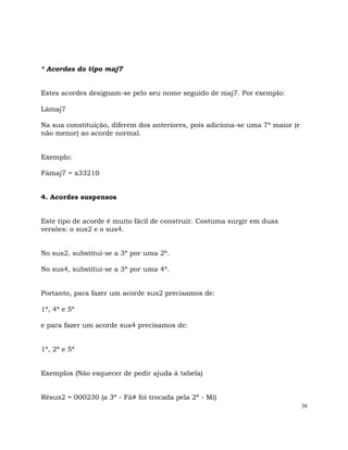 38
* Acordes do tipo maj7
Estes acordes designam-se pelo seu nome seguido de maj7. Por exemplo:
Lámaj7
Na sua constituição, diferem dos anteriores, pois adiciona-se uma 7ª maior (e
não menor) ao acorde normal.
Exemplo:
Fámaj7 = x33210
4. Acordes suspensos
Este tipo de acorde é muito fácil de construir. Costuma surgir em duas
versões: o sus2 e o sus4.
No sus2, substitui-se a 3ª por uma 2ª.
No sus4, substitui-se a 3ª por uma 4ª.
Portanto, para fazer um acorde sus2 precisamos de:
1ª, 4ª e 5ª
e para fazer um acorde sus4 precisamos de:
1ª, 2ª e 5ª
Exemplos (Não esquecer de pedir ajuda à tabela)
Résus2 = 000230 (a 3ª - Fá# foi trocada pela 2ª - Mi)
 