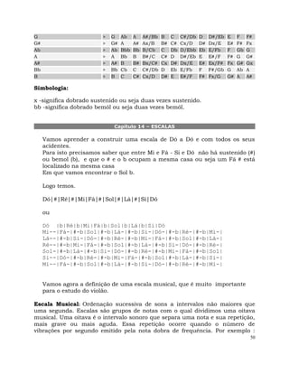 50
G > G Ab A A#/Bb B C C#/Db D D#/Eb E F F#
G# > G# A A# Ax/B B# C# Cx/D D# Dx/E E# F# Fx
Ab > Ab Bbb Bb B/Cb C Db D/Ebb Eb E/Fb F Gb G
A > A Bb B B#/C C# D D#/Eb E E#/F F# G G#
A# > A# B B# Bx/C# Cx D# Dx/E E# Ex/F# Fx G# Gx
Bb > Bb Cb C C#/Db D Eb E/Fb F F#/Gb G Ab A
B > B C C# Cx/D D# E E#/F F# Fx/G G# A A#
Simbologia:
x -significa dobrado sustenido ou seja duas vezes sustenido.
bb -significa dobrado bemól ou seja duas vezes bemól.
Capítulo 14 – ESCALAS
Vamos aprender a construir uma escala de Dó a Dó e com todos os seus
acidentes.
Para isto precisamos saber que entre Mi e Fá - Si e Dó não há sustenido (#)
ou bemol (b), e que o # e o b ocupam a mesma casa ou seja um Fá # está
localizado na mesma casa
Em que vamos encontrar o Sol b.
Logo temos.
Dó|#|Ré|#|Mi|Fá|#|Sol|#|Lá|#|Si|Dó
ou
Dó |b|Ré|b|Mi|Fá|b|Sol|b|Lá|b|Si|Dó
Mi--|Fá-|#-b|Sol|#-b|Lá-|#-b|Si-|Dó-|#-b|Ré-|#-b|Mi-|
Lá--|#-b|Si-|Dó-|#-b|Ré-|#-b|Mi-|Fá-|#-b|Sol|#-b|Lá-|
Ré--|#-b|Mi-|Fá-|#-b|Sol|#-b|Lá-|#-b|Si-|Dó-|#-b|Ré-|
Sol-|#-b|Lá-|#-b|Si-|Dó-|#-b|Ré-|#-b|Mi-|Fá-|#-b|Sol|
Si--|Dó-|#-b|Ré-|#-b|Mi-|Fá-|#-b|Sol|#-b|Lá-|#-b|Si-|
Mi--|Fá-|#-b|Sol|#-b|Lá-|#-b|Si-|Dó-|#-b|Ré-|#-b|Mi-|
Vamos agora a definição de uma escala musical, que é muito importante
para o estudo do violão.
Escala Musical: Ordenação sucessiva de sons a intervalos não maiores que
uma segunda. Escalas são grupos de notas com o qual dividimos uma oitava
musical. Uma oitava é o intervalo sonoro que separa uma nota e sua repetição,
mais grave ou mais aguda. Essa repetição ocorre quando o número de
vibrações por segundo emitido pela nota dobra de frequência. Por exemplo :
 