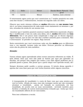 55
VI Eólio Menor Escala Menor Natural - Uso
geral
VII Lócrio Menor Exótico, meio oriental
O interessante agora seria que você construisse os 7 modos possíveis em cada
uma das escala e, evidentemente, tocasse em seguida cada um deles.
Observe que neste sistema utilizou-se modos diferentes em um mesmo tom,
isto é, as notas componentes de cada modo eram exatamente as mesmas e, por
isto, oriundas da escala de um mesmo tom.
Acontece que é também possível construir modos diferentes mantendo o I grau
fixo e modificando o tom em cada uma delas, isto é, modos diferentes em tons
diferentes. Isto é um pouco mais complicado e exige que se decore algumas
regras básicas, que ao meu ver não são o melhor caminho para o iniciante. Não
é interessante se prender em regras. Haja natural.
Seria conveniente que você escrevesse cada um dos modos para os diferentes
tons e, em seguida, tocasse cada um deles. Procure perceber as diferenças
entre eles do ponto de vista melódico.
Atenção:
Vamos relaxar agora aprendendo sobre outras assuntos referentes ao violão. É
bom deixar claro que você não pode se basear por aqui pra aprender as
Escalas, até porque elas exigem que tenha a seu lado algum professor pra ir
guiando passo a passo. Não pense que a partir daqui você aprenda escala, ok?
Sempre devemos pedir auxílio a outras pessoas. O intuito dessa apostila é
apenas dar uma base para que você tenha domínio sobre alguns conceitos.
Capítulo 16– TRANSPOSIÇÃO DE TONS
A transposição de tonalidade é o meio de fazer com que uma música que
você já tenha cifrada em casa, mas não consegue cantar por não conseguir
alcançar a tonalidade, possa ser baixada ou aumentada, em sua
tonalidade, de acordo com as suas necessidade, servindo também para
facilitar o trabalho de outros instrumentistas evitando que tenha que tocar
em tonalidades difíceis de ser executadas.
Para isso utilizamos a escala.
 
