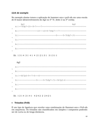68
Lick de exemplo
No exemplo abaixo temos a aplicação de hammer-ons e pull-ofs em uma escala
de D maior (desenvolvimento do Ag2 no 5º Tr. dedo 2 na 5ª corda).
Ag3 Ag2
e:|--7h9p7-10--9-7----7--------------------------------------
-
B:|----------------10---10-8-7h8p7---7-----------------------
-
G:|--------------------------------9-----9-7h9p7-/6~---------
-
D:|----------------------------------------------------------
-
A:|----------------------------------------------------------
-
E:|----------------------------------------------------------
-
Di: 1 3 1 4 3 1 4 1 4 2 1 2 1 3 1 3 1 3 1 1
Ag2
e:|----------------------------------------------------------
-
B:|----------------------------------------------------------
-
G:|--6h7p6-9--7-6---6----------------------------------------
-
D:|---------------9-----9-7h9p7-/5--5h7p5-4~-----------------
-
A:|----------------------------------------------------------
-
E:|----------------------------------------------------------
-
Di: 1 2 1 4 2 1 4 1 4 2 4 2 2 2 4 2 1
Trinados (Trill)
É um tipo de ligadura que envolve uma combinação de Hammer-ons e Pull-ofs
em sequência. Os trinados são classificados em simples e compostos podendo
ser de curta ou de longa distância.
 