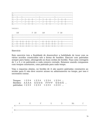 79
e:------------------|------------------------------|
B:------------------|------------------------------|
G:--3---3-----------|--3------------3--------------|
D:--3---3--3--6--8--|--3--3--6--8---3--3--6--8-----|
A:--1---1--3--6--8--|--1--3--6--8---1--3--6--8-----|
E:---------1--4--6--|-----1--4--6------1--4--6-----|
verso:
A# F G# A# F G#
e:---------------------|---------------------------|
B:---------------------|---------------------------|
G:---------------------|---------------------------|
D:--8--8-8--8-8--3--6--|--8--8-8--8-8--3--6--------|
A:--8--8-8--8-8--3--6--|--8--8-8--8-8--3--6--------|
E:--6--6-6--6-6--1--4--|--6--6-6--6-6--1--4--------|
Exercício
Este exercício tem a finalidade de desenvolver a habilidade de tocar com os
vários acordes construidos sob a forma de bordões. Execute com paletadas
sempre para baixo, abrangendo as duas cordas do bordão. Faça uma contagem
de 1 a 4, e vá paletando a cada número contado. Estamos usando compassos
com tempos constantes, uma paletada para cada tempo.
Veja o esquema abaixo, no bordão de A são quatro paletadas constantes ao
mudar para G não deve ocorrer atraso ou adiantamento no tempo, por isso é
necessário contar.
Tempos: 1 2 3 4 1 2 3 4 1 2 3 4 1 2 3 4 ...
Bordões: A A A A G G G G F F F F G G G G ...
paletadas: 1 2 3 4 1 2 3 4 1 2 3 4 1 2 3 4 ...
A G F G D Bb C
e|------------------------------------------------------------
|
B|------------------------------------------------------------
|
 