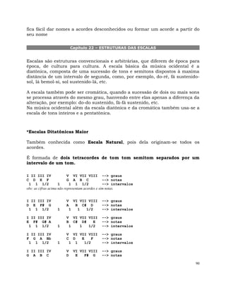 90
fica fácil dar nomes a acordes desconhecidos ou formar um acorde a partir do
seu nome
Capítulo 22 – ESTRUTURAS DAS ESCALAS
Escalas são estruturas convencionais e arbitrárias, que diferem de época para
época, de cultura para cultura. A escala básica da música ocidental é a
diatônica, composta de uma sucessão de tons e semitons dispostos à maxima
distância de um intervalo de segunda, como, por exemplo, do-ré, fá sustenido-
sol, lá bemol-si, sol sustenido-lá, etc.
A escala também pode ser cromática, quando a sucessão de dois ou mais sons
se processa através do mesmo grau, hanvendo entre elas apenas a diferença da
alteração, por exemplo: do-do sustenido, fá-fá sustenido, etc.
Na música ocidental além da escala diatônica e da cromática também usa-se a
escala de tons inteiros e a pentatônica.
*Escalas Ditatônicas Maior
Também conhecida como Escala Natural, pois dela originam-se todos os
acordes.
É formada de dois tetracordes de tom tom semitom separados por um
intervalo de um tom.
I II III IV V VI VII VIII --> graus
C D E F G A B C --> notas
1 1 1/2 1 1 1 1/2 --> intervalos
obs: as cifras acima não representam acordes e sim notas.
I II III IV V VI VII VIII --> graus
D E F# G A B C# D --> notas
1 1 1/2 1 1 1 1/2 --> intervalos
I II III IV V VI VII VIII --> graus
E F# G# A B C# D# E --> notas
1 1 1/2 1 1 1 1/2 --> intervalos
I II III IV V VI VII VIII --> graus
F G A Bb C D E F --> notas
1 1 1/2 1 1 1 1/2 --> intervalos
I II III IV V VI VII VIII --> graus
G A B C D E F# G --> notas
 