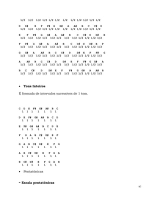 97
1/2 1/2 1/2 1/2 1/2 1/2 1/2 1/2 1/2 1/2 1/2 1/2
D D# E F F# G G# A A# B C C# D
1/2 1/2 1/2 1/2 1/2 1/2 1/2 1/2 1/2 1/2 1/2 1/2
E F F# G G# A A# B C C# D D# E
1/2 1/2 1/2 1/2 1/2 1/2 1/2 1/2 1/2 1/2 1/2 1/2
F F# G G# A A# B C C# D D# E F
1/2 1/2 1/2 1/2 1/2 1/2 1/2 1/2 1/2 1/2 1/2 1/2
G G# A A# B C C# D D# E F F# G
1/2 1/2 1/2 1/2 1/2 1/2 1/2 1/2 1/2 1/2 1/2 1/2
A A# B C C# D D# E F F# G G# A
1/2 1/2 1/2 1/2 1/2 1/2 1/2 1/2 1/2 1/2 1/2 1/2
B C C# D D# E F F# G G# A A# B
1/2 1/2 1/2 1/2 1/2 1/2 1/2 1/2 1/2 1/2 1/2 1/2
Tons Inteiros
É formada de intervalos sucessivos de 1 tom.
C D E F# G# A# B C
1 1 1 1 1 1 1
D E F# G# A# B C D
1 1 1 1 1 1 1
E F# G# A# B C D E
1 1 1 1 1 1 1
F G A B C# D# E F
1 1 1 1 1 1 1
G A B C# D# E F G
1 1 1 1 1 1 1
A B C# D# E F G A
1 1 1 1 1 1 1
B C# D# E F G A B
1 1 1 1 1 1 1
Pentatônicas
- Escala pentatônicas
 