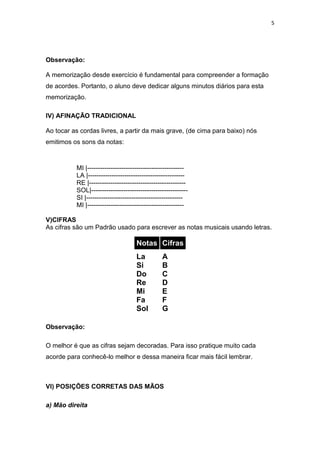5
Observação:
A memorização desde exercício é fundamental para compreender a formação
de acordes. Portanto, o aluno deve dedicar alguns minutos diários para esta
memorização.
IV) AFINAÇÃO TRADICIONAL
Ao tocar as cordas livres, a partir da mais grave, (de cima para baixo) nós
emitimos os sons da notas:
MI |---------------------------------------------
LA |---------------------------------------------
RE |---------------------------------------------
SOL|---------------------------------------------
SI |---------------------------------------------
MI |---------------------------------------------
V)CIFRAS
As cifras são um Padrão usado para escrever as notas musicais usando letras.
Notas Cifras
La
Si
Do
Re
Mi
Fa
Sol
A
B
C
D
E
F
G
Observação:
O melhor é que as cifras sejam decoradas. Para isso pratique muito cada
acorde para conhecê-lo melhor e dessa maneira ficar mais fácil lembrar.
VI) POSIÇÕES CORRETAS DAS MÃOS
a) Mão direita
 