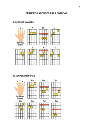 9
PRIMEIROS ACORDES PARA ESTUDAR
I) ACORDES MAIORES
II) ACORDES MENORES
 