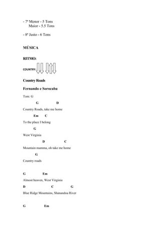 - 7ª Menor - 5 Tons
Maior - 5.5 Tons
- 8ª Justo - 6 Tons
MÚSICA
RITMO:
COUNTRY:
CountryRoads
Fernando e Sorocaba
Tom: G
G D
Country Roads, take me home
Em C
To the place I belong
G
West Virginia
D C
Mountain mamma, oh take me home
G
Country roads
G Em
Almost heaven, West Virginia
D C G
Blue Ridge Mountains, Shanandoa River
G Em
 