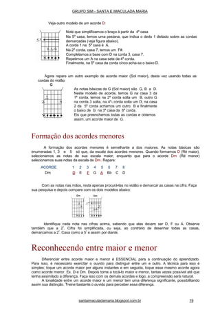 Formação dos acordes menores
A formação dos acordes menores é semelhante a dos maiores. As notas básicas são
enumeradas 1, 3 e 5 só que, da escala dos acordes menores. Quando formamos D (Ré maior),
selecionamos as notas de sua escala maior, enquanto que para o acorde Dm (Ré menor)
selecionamos suas notas da escala de Dm. Repare:
Com as notas nas mãos, resta apenas procurá-las no violão e demarcar as casas na cifra. Faça
sua pesquisa e depois compare com os dois modelos abaixo:
Identifique cada nota nas cifras acima, sabendo que elas devem ser D, F ou A. Observe
também que a 2ª
. Cifra foi simplificada, ou seja, ao contrário de desenhar todas as casas,
demarcamos a 2ª
. Casa como a 5ª
e assim por diante.
Reconhecendo entre maior e menor
Diferenciar entre acorde maior e menor é ESSENCIAL para a continuação do aprendizado.
Para isso, é necessário exercitar o ouvido para distinguir entre um e outro. A técnica para isso é
simples; toque um acorde maior por alguns instantes e em seguida, toque esse mesmo acorde agora
como acorde menor. Ex. D e Dm. Depois torne a tocá-lo maior e menor, tantas vezes possível até que
tenha assimilado a diferença. Faça isso com os demais acordes e logo, a compreensão será natural.
A tonalidade entre um acorde maior e um menor tem uma diferença significante, possibilitando
assim sua distinção. Treine bastante o ouvido para perceber essa diferença.
GRUPO SIM - SANTA E IMACULADA MARIA
Veja outro modelo de um acorde D:
Note que simplificamos o braço à partir da 4a
casa
Na 5a
casa, temos uma pestana, que indica o dedo 1 deitado sobre as cordas
demarcadas (veja figura abaixo).
A corda 1 na 5a
casa é A.
Na 2a
corda, casa 7, temos um F#.
Completamos a base com D na corda 3, casa 7.
Repetimos um A na casa sete da 4a
corda.
Finalmente, na 5a
casa da corda cinco acha-se o baixo D.
Agora repare um outro exemplo de acorde maior (Sol maior), desta vez usando todas as
cordas do violão:
As notas básicas de G (Sol maior) são G, B e D.
Neste modelo de acorde, temos G na casa 3 da
1a
corda, temos na 2a
corda solta um B, outro G
na corda 3 solta, na 4a
- corda solta um D, na casa
2 da 5a
corda achamos um outro B e finalmente
o baixo de G na 3a
casa da 6a
corda.
Eis que preenchemos todas as cordas e obtemos
assim, um acorde maior de G.
santaimaculadamaria.blogspot.com.br 19
ACORDE 1 2 3 4 5 6 7 8
Dm D E F G A Bb C D
 