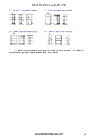 3A
- FÓRMULA; Para acordes maiores: 1A
- FÓRMULA Para acordes menores:
2a
- FÓRMULA Para acordes menores: 3a
- FÓRMULA; Para acordes menores:
Com estas fórmulas poderemos cifrar todos os acordes maiores e menores. Uma referência
para identificar o acorde é a nota do baixo, ou seja, o último bordão.
GRUPO SIM - SANTA E IMACULADA MARIA
santaimaculadamaria.blogspot.com.br 22
 