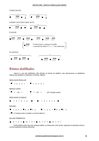 FORRÓ UNIVERSITÁRIO XOTE
PAGODE
Tocados juntos; o polegar no burdão
e a puxada dos dedos 1, 2 e 3 nas cordas-base.
GUARÂNIA
Ritmos dedilhados
Agora é a vez dos dedilhados. São infinitas as formas de dedilhar, mas relacionamos os dedilhados
básicos que ajudarão a interpretar os demais. Repare:
DEDILHADO REGULAR
1 2 3 2 1 1 2 3 2 1
MÚSICA LENTA
1 2/3 1 1 2/3 1 (2/3 tocados juntos)
DEDILHADO CLÁSSICO
1 2 1 3 1 2 1 2 1 3 1 2
2 2 1 /3 2 /1 2
BOLERO
1 2 2 1 /3 2 /1 2 1
( / 3 tocados juntos o burdão e a nota do dedo 3)
BALADA ROMÂNTICA
/3 1 2 1 /2 1 3 1 /3 1 2 1 /2 1 3 1
Você também pode criar seus próprios estilos, ou ritmos bem como quiser, seguindo os exemplos acima e
ouvindo bastantes músicas diferentes.
GRUPO SIM - SANTA E IMACULADA MARIA
FORRÓ BAIÃO
santaimaculadamaria.blogspot.com.br 42
 
