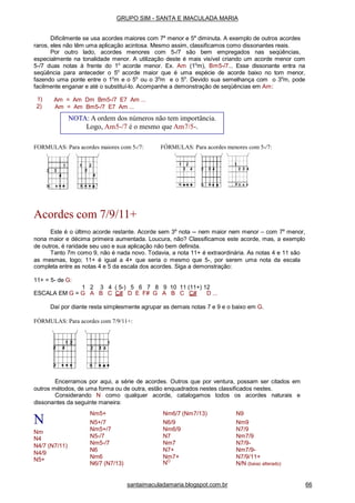 1)
2)
Am = Am Dm Bm5-/7 E7 Am ...
Am = Am Bm5-/7 E7 Am ...
FORMULAS: Para acordes maiores com 5-/7: FÓRMULAS: Para acordes menores com 5-/7:
Acordes com 7/9/11+
Este é o último acorde restante. Acorde sem 3a
nota -- nem maior nem menor – com 7a
menor,
nona maior e décima primeira aumentada. Loucura, não? Classificamos este acorde, mas, a exemplo
de outros, é raridade seu uso e sua aplicação não bem definida.
Tanto 7m como 9, não é nada novo. Todavia, a nota 11+ é extraordinária. As notas 4 e 11 são
as mesmas, logo; 11+ é igual a 4+ que seria o mesmo que 5-, por serem uma nota da escala
completa entre as notas 4 e 5 da escala dos acordes. Siga a demonstração:
11+ = 5- de G:
1 2 3 4 ( 5-) 5 6 7 8 9 10 11 (11+) 12
ESCALA EM G = G A B C C# D E F# G A B C C# D ...
Daí por diante resta simplesmente agrupar as demais notas 7 e 9 e o baixo em G.
FÓRMULAS: Para acordes com 7/9/11+:
Encerramos por aqui, a série de acordes. Outros que por ventura, possam ser citados em
outros métodos, de uma forma ou de outra, estão enquadrados nestes classificados nestes.
Considerando N como qualquer acorde, catalogamos todos os acordes naturais e
dissonantes da seguinte maneira:
N
Nm
N4
N4/7 (N7/11)
N4/9
N5+
N6/7 (N7/13) NO
N/N (baixo alterado)
NOTA: A ordem dos números não tem importância.
Logo, Am5-/7 é o mesmo que Am7/5-.
GRUPO SIM - SANTA E IMACULADA MARIA
Dificilmente se usa acordes maiores com 7a
menor e 5a
diminuta. A exemplo de outros acordes
raros, eles não têm uma aplicação acintosa. Mesmo assim, classificamos como dissonantes reais.
Por outro lado, acordes menores com 5-/7 são bem empregados nas seqüências,
especialmente na tonalidade menor. A utilização deste é mais visível criando um acorde menor com
5-/7 duas notas à frente do 1o
acorde menor. Ex. Am (1o
m), Bm5-/7... Esse dissonante entra na
seqüência para anteceder o 5o
acorde maior que é uma espécie de acorde baixo no tom menor,
fazendo uma ponte entre o 1o
m e o 5o
ou o 3o
m e o 5o
. Devido sua semelhança com o 3o
m, pode
facilmente enganar e até o substituí-lo. Acompanhe a demonstração de seqüências em Am:
santaimaculadamaria.blogspot.com.br 66
Nm5+ Nm6/7 (Nm7/13) N9
N5+/7 N6/9 Nm9
Nm5+/7 Nm6/9 N7/9
N5-/7 N7 Nm7/9
Nm5-/7 Nm7 N7/9-
N6 N7+ Nm7/9-
Nm6 Nm7+ N7/9/11+
 