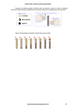 Agora conheça algumas posições na flauta doce para as notas:
GRUPO SIM - SANTA E IMACULADA MARIA
Sopra-se na entrada superior da flauta onde se encontra o apito. As notas se alternam
conforme os dedos fecham ordenadamente os buracos. Saiba como representamos as suas cifras:
santaimaculadamaria.blogspot.com.br 75
 