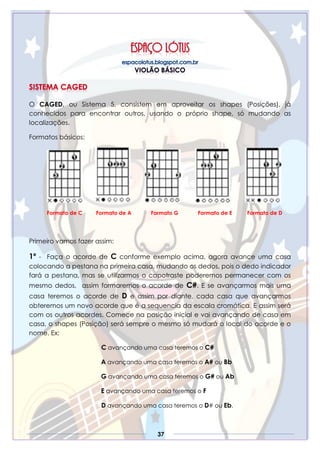 37
O CAGED, ou Sistema 5, consistem em aproveitar os shapes (Posições), já
conhecidos para encontrar outros, usando o próprio shape, só mudando as
localizações.
Formatos básicos:
Formato de C Formato de A Formato G Formato de E Formato de D
Primeiro vamos fazer assim:
1º - Faça o acorde de C conforme exemplo acima, agora avance uma casa
colocando a pestana na primeira casa, mudando os dedos, pois o dedo indicador
fará a pestana, mas se utilizarmos o capotraste poderemos permanecer com os
mesmo dedos, assim formaremos o acorde de C#. E se avançarmos mais uma
casa teremos o acorde de D e assim por diante, cada casa que avançarmos
obteremos um novo acorde que é a sequencia da escala cromática. E assim será
com os outros acordes. Comece na posição inicial e vai avançando de casa em
casa, o shapes (Posição) será sempre o mesmo só mudará o local do acorde e o
nome. Ex:
C avançando uma casa teremos o C#
A avançando uma casa teremos o A# ou Bb
G avançando uma casa teremos o G# ou Ab
E avançando uma casa teremos o F
D avançando uma casa teremos o D# ou Eb.
 