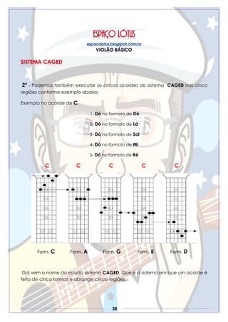 38
2º - Podemos também executar os cincos acordes do sistema CAGED nas cinco
regiões conforme exemplo abaixo.
Exemplo no acorde de C.
1- Dó no formato de Dó
2- Dó no formato de Lá
3- Dó no formato de Sol
4- Dó no formato de Mi
5- Dó no formato de Ré
C C C C C
Form. C Form. A Form. G Form. E Form. D
Daí vem o nome do estudo sistema CAGED. Que é o sistema em que um acorde é
feito de cinco formas e abrange cinco regiões.
 