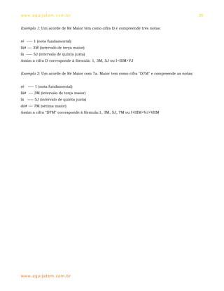 ww w. aqu i j at em . co m .b r                                                              39


Exemplo 1: Um acorde de Ré Maior tem como cifra D e compreende três notas:


ré ---- 1 (nota fundamental)
fá# --- 3M (intervalo de terça maior)
lá ---- 5J (intervalo de quinta justa)
Assim a cifra D corresponde à fórmula: 1, 3M, 5J ou I+IIIM+VJ


Exemplo 2: Um acorde de Ré Maior com 7a. Maior tem como cifra "D7M" e compreende as notas:


ré ---- 1 (nota fundamental)
fá# --- 3M (intervalo de terça maior)
lá ---- 5J (intervalo de quinta justa)
dó# --- 7M (sétima maior)
Assim a cifra "D7M" corresponde à fórmula:1, 3M, 5J, 7M ou I+IIIM+VJ+VIIM




ww w. aqu i j at em . co m .b r
 