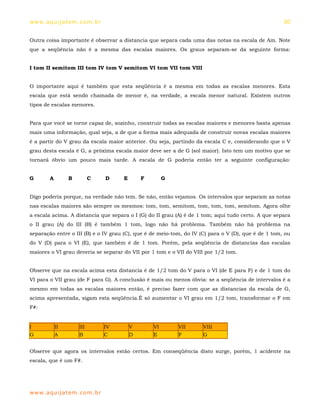 ww w. aqu i j at em . co m .b r                                                                      50


Outra coisa importante é observar a distancia que separa cada uma das notas na escala de Am. Note
que a seqüência não é a mesma das escalas maiores. Os graus separam-se da seguinte forma:


I tom II semitom III tom IV tom V semitom VI tom VII tom VIII


O importante aqui é também que esta seqüência é a mesma em todas as escalas menores. Esta
escala que está sendo chamada de menor é, na verdade, a escala menor natural. Existem outros
tipos de escalas menores.


Para que você se torne capaz de, sozinho, construir todas as escalas maiores e menores basta apenas
mais uma informação, qual seja, a de que a forma mais adequada de construir novas escalas maiores
é a partir do V grau da escala maior anterior. Ou seja, partindo da escala C e, considerando que o V
grau desta escala é G, a próxima escala maior deve ser a de G (sol maior). Isto tem um motivo que se
tornará óbvio um pouco mais tarde. A escala de G poderia então ter a seguinte configuração:


G       A        B         C      D    E       F        G


Digo poderia porque, na verdade não tem. Se não, então vejamos. Os intervalos que separam as notas
nas escalas maiores são sempre os mesmos: tom, tom, semitom, tom, tom, tom, semitom. Agora olhe
a escala acima. A distancia que separa o I (G) do II grau (A) é de 1 tom; aqui tudo certo. A que separa
o II grau (A) do III (B) é também 1 tom, logo não há problema. Também não há problema na
separação entre o III (B) e o IV grau (C), que é de meio-tom, do IV (C) para o V (D), que é de 1 tom, ou
do V (D) para o VI (E), que também é de 1 tom. Porém, pela seqüência de distancias das escalas
maiores o VI grau deveria se separar do VII por 1 tom e o VII do VIII por 1/2 tom.


Observe que na escala acima esta distancia é de 1/2 tom do V para o VI (de E para F) e de 1 tom do
VI para o VII grau (de F para G). A conclusão é mais ou menos óbvia: se a seqüência de intervalos é a
mesmo em todas as escalas maiores então, é preciso fazer com que as distancias da escala de G,
acima apresentada, sigam esta seqüência.É só aumentar o VI grau em 1/2 tom, transformar o F em
F#:


I           II       III          IV       V       VI       VII      VIII
G           A        B            C        D       E        F        G


Observe que agora os intervalos estão certos. Em conseqüência disto surge, porém, 1 acidente na
escala, que é um F#.




ww w. aqu i j at em . co m .b r
 