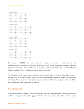 ww w. aqu i j at em . co m .b r                                                                        67



[Padrão I]:
|--x--|--x--|-----|--x--|
|--x--|--M--|-----|--x--|
|--x--|-----|--m--|-----|
|--x--|-----|--x--|--x--|
|--m--|-----|--x--|--M--|
|--x--|--x--|-----|--x--|

[Padrão II]:
|-----|--m--|-----|--x--|--M--|
|-----|--x--|--x--|-----|--x--|
|--x--|--M--|-----|--x--|-----|
|-----|--x--|-----|--m--|-----|
|-----|--x--|-----|--x--|--x--|
|-----|--m--|-----|--x--|--M--|

[Padrão III]:
|--x--|--M--|-----|--x--|
|-----|--x--|-----|--m--|
|--x--|-----|--x--|--x--|
|--m--|-----|--x--|--M--|
|--x--|--x--|-----|--x--|
|--x--|--M--|-----|--x--|

[Padrão IV]:
|-----|--x--|-----|--x--|--x--|
|-----|--m--|-----|--x--|--M--|
|--x--|--x--|-----|--x--|-----|
|--x--|--M--|-----|--m--|-----|
|-----|--x--|-----|--m--|-----|
|-----|--x--|-----|--x--|--x--|

Com    esses    4   BOXES     você   pode   tocar   24   escalas:   12   maiores   e   12   menores,   em
qualquer lugar do braço do instrumento. Veja em que Tom está a música na qual você pretende
improvisar, encontre a nota no braço do instrumento, encaixe um BOX nela e saia tocando nas
posições indicadas. Você estará começando a solar e improvisar.


Por enquanto, sem compromisso nenhum, tente compreender os tópicos abordados acima;
procure tocar os BOXES devagar e com muita calma (aplicando todos os nossos conhecimentos
anteriores). Pense, enquanto toca cada nota, qual seria ela. Observe as relações entre um BOX e
outro. Não se preocupe em decorar os BOXES.



Preencher Escalas

O preenchimento de Escalas é outro artifício para dar uma abrilhantada e variação aos solos e
também às progressões de acordes (pequenos "licks" entre um acorde e outro). Eles são baseados em




ww w. aqu i j at em . co m .b r
 