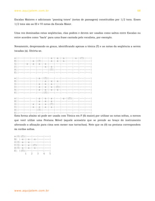 ww w. aqu i j at em . co m .b r                                                                  68


Escalas Maiores e adicionam "passing tones" (notas de passagem) constituídas por 1/2 tons. Esses
1/2 tons são as III e VI notas da Escala Maior.


Uma vez dominadas estas seqüências, elas podem e devem ser usadas como saltos entre Escalas ou
entre acordes como "back" para uma frase cantada pelo vocalista, por exemplo.


Novamente, desprezando os graus, identificando apenas a tônica (T) e as notas da seqüência a serem
tocadas (x). Divirta-se.

e||---|---|---|---|---|-x-|-x-|-x-|---|-x-|(T)|---|
B||---|---|-x-|(T)|---|-x-|-x-|-x-|---|---|---|---|
G||---|-x-|-x-|-x-|-x-|---|---|---|---|---|---|---|
D||---|---|---|---|-x-|-x-|---|---|---|---|---|---|
A||---|---|---|---|---|(T)|---|---|---|---|---|---|
E||---|---|---|---|---|---|---|---|---|---|---|---|

e||---|---|---|-x-|(T)|---|---|---|---|---|---|---|
B||---|---|---|---|-x-|-x-|-x-|---|---|---|---|---|
G||---|---|---|-x-|-x-|-x-|---|---|---|---|---|---|
D||---|---|---|-x-|-x-|-x-|(T)|---|---|---|---|---|
A||---|---|---|-x-|-x-|-x-|-x-|---|---|---|---|---|
E||---|---|---|---|(T)|---|---|---|---|---|---|---|

e||---|---|---|-x-|-x-|-x-|---|-x-|(T)|---|---|---|
B||---|---|---|-x-|-x-|-x-|---|---|---|---|---|---|
G||---|---|-x-|-x-|-x-|(T)|---|---|---|---|---|---|
D||---|---|-x-|-x-|-x-|-x-|---|---|---|---|---|---|
A||---|---|---|(T)|---|---|---|---|---|---|---|---|
E||---|---|---|---|---|---|---|---|---|---|---|---|
Esta forma abaixo só pode ser usada com Tônica em F (fá maior) por utilizar as notas soltas, a menos
que você utilize uma Pestana Móvel (aquele acessório que se prende ao braço do instrumento
alterando a afinação para cima sem mexer nas tarrachas). Note que os (0) na pestana correspondem
às cordas soltas.

e|0|(T)|---|---|---|---|
B| |-x-|-x-|-x-|---|---|
G|0|-x-|-x-|---|---|---|
D|0|-x-|-x-|(T)|---|---|
A|0|-x-|-x-|-x-|---|---|
E| |(T)|---|---|---|---|
       1   2   3   4   5




ww w. aqu i j at em . co m .b r
 