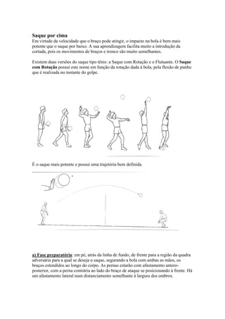 Saque por cima
Em virtude da velocidade que o braço pode atingir, o impacto na bola é bem mais
potente que o saque por baixo. A sua aprendizagem facilita muito a introdução da
cortada, pois os movimentos de braços e tronco são muito semelhantes.
Existem duas versões do saque tipo tênis: a Saque com Rotação e o Flutuante. O Saque
com Rotação possui este nome em função da rotação dada à bola, pela flexão de punho
que é realizada no instante do golpe.
É o saque mais potente e possui uma trajetória bem definida.
a) Fase preparatória: em pé, atrás da linha de fundo, de frente para a região da quadra
adversária para a qual se deseja o saque, segurando a bola com ambas as mãos, os
braços estendidos ao longo do corpo. As pernas estarão com afastamento antero-
posterior, com a perna contrária ao lado do braço de ataque se posicionando à frente. Há
um afastamento lateral num distanciamento semelhante à largura dos ombros.
 