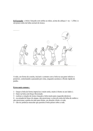 b) Execução : a bola é lançada com ambas as mãos, acima da cabeça (+ ou – 1,50m ) e
um pouco atrás da linha normal do tronco.
A mão, em forma de concha, iniciará o contrato com a bola na sua parte inferior e
posterior, contornando-a passando por cima, enquanto acontece a flexão rápida do
punho.
Erros mais comuns :
1 – lançar a bola de forma imprecisa ( muito atrás, muito à frente ou aos lados ).
2 – bater na bola com braço flexionado.
3 – realizar a rotação do tronco lançado a bola muito para esquerda (destros).
4 – na armada do braço de ataque, não posicionar o cotovelo atrás da linha do ombro e
não posicionar a palma da mão para frente, em direção à bola e à rede.
5 – não ter potência muscular que permita à bola passar sobre a rede.
 